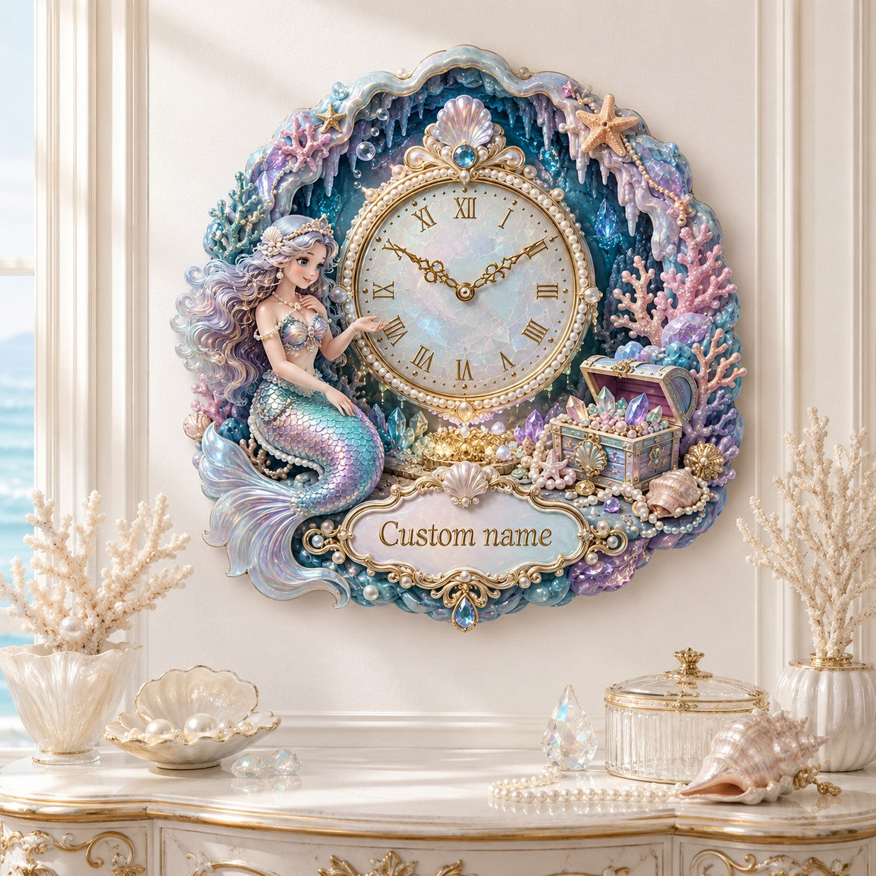 Personalized Mermaid Treasure-cove Wall Wall Clock with Custom Name — personalized with a custom name