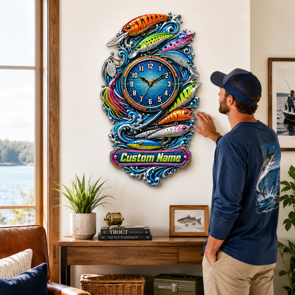 Personalized Fishing Lure Wall Clock, Custom Name Gift for Anglers — personalized with a custom name