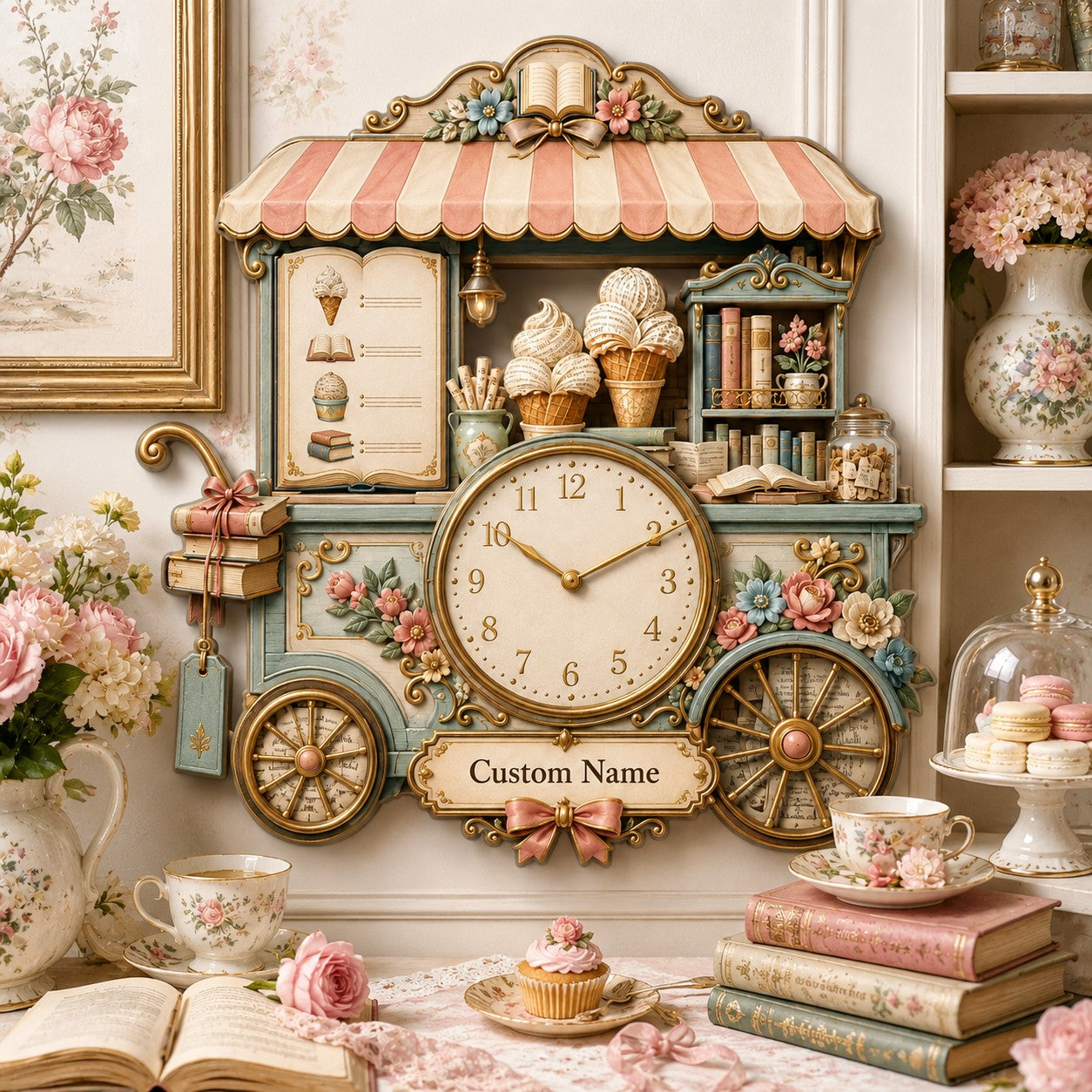 Personalized Literary Ice Cream Cart Wall Clock with Custom Name — personalized with a custom name