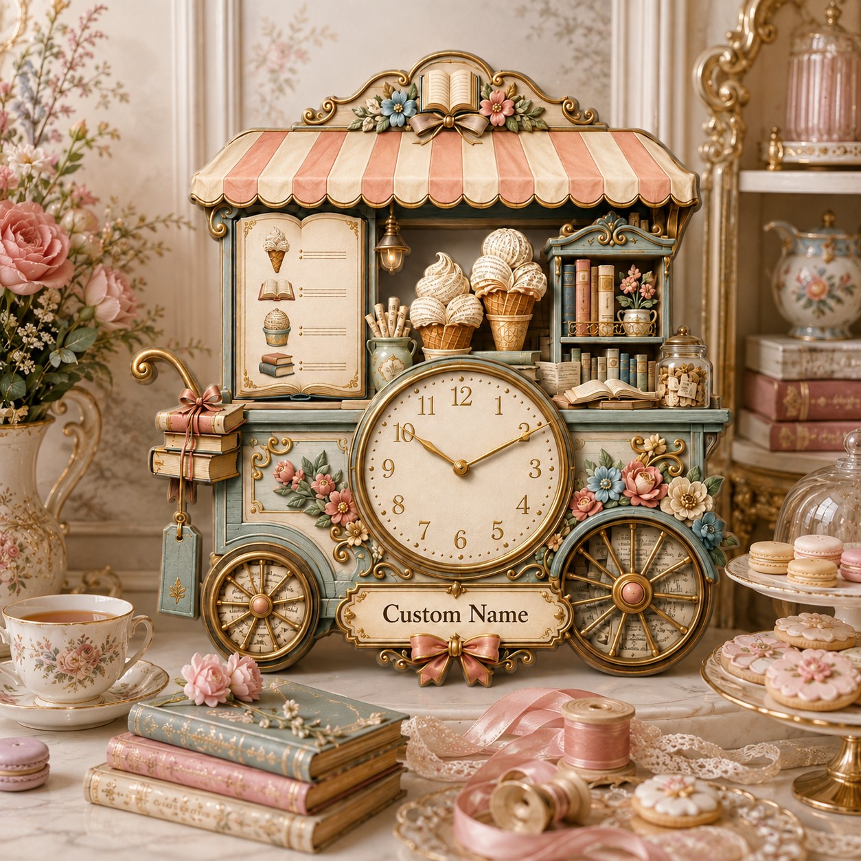 Personalized Literary Ice Cream Cart Wall Clock with Custom Name — personalized with a custom name