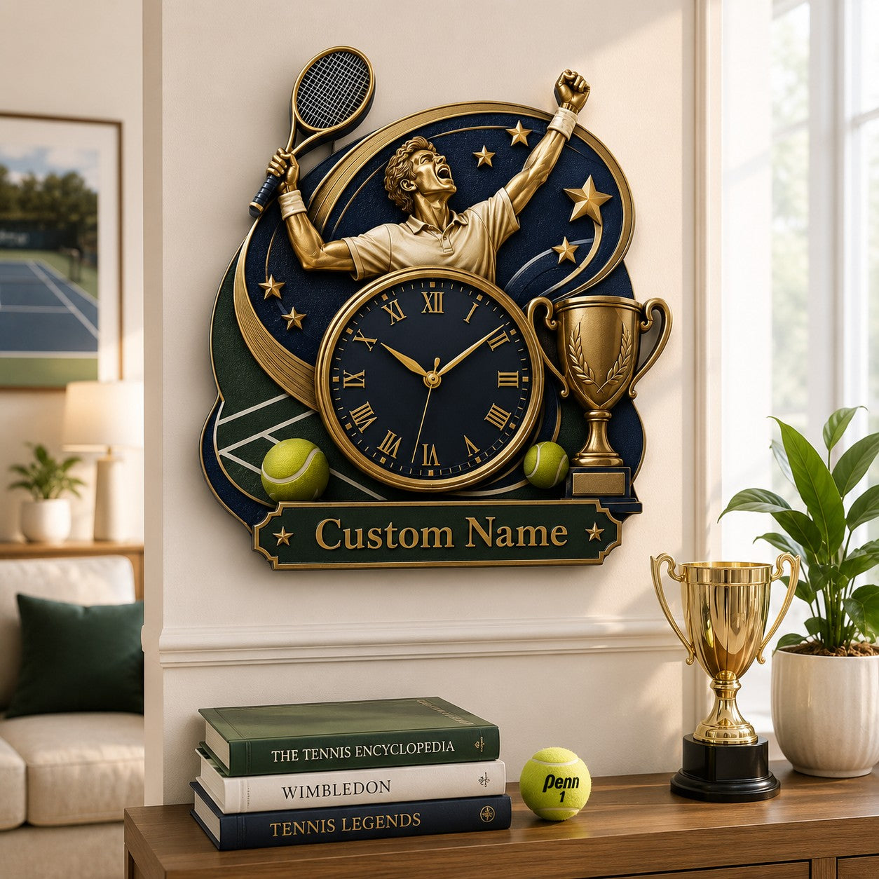 Personalized Tennis Victory Wall Clock with Custom Name — personalized with a custom name