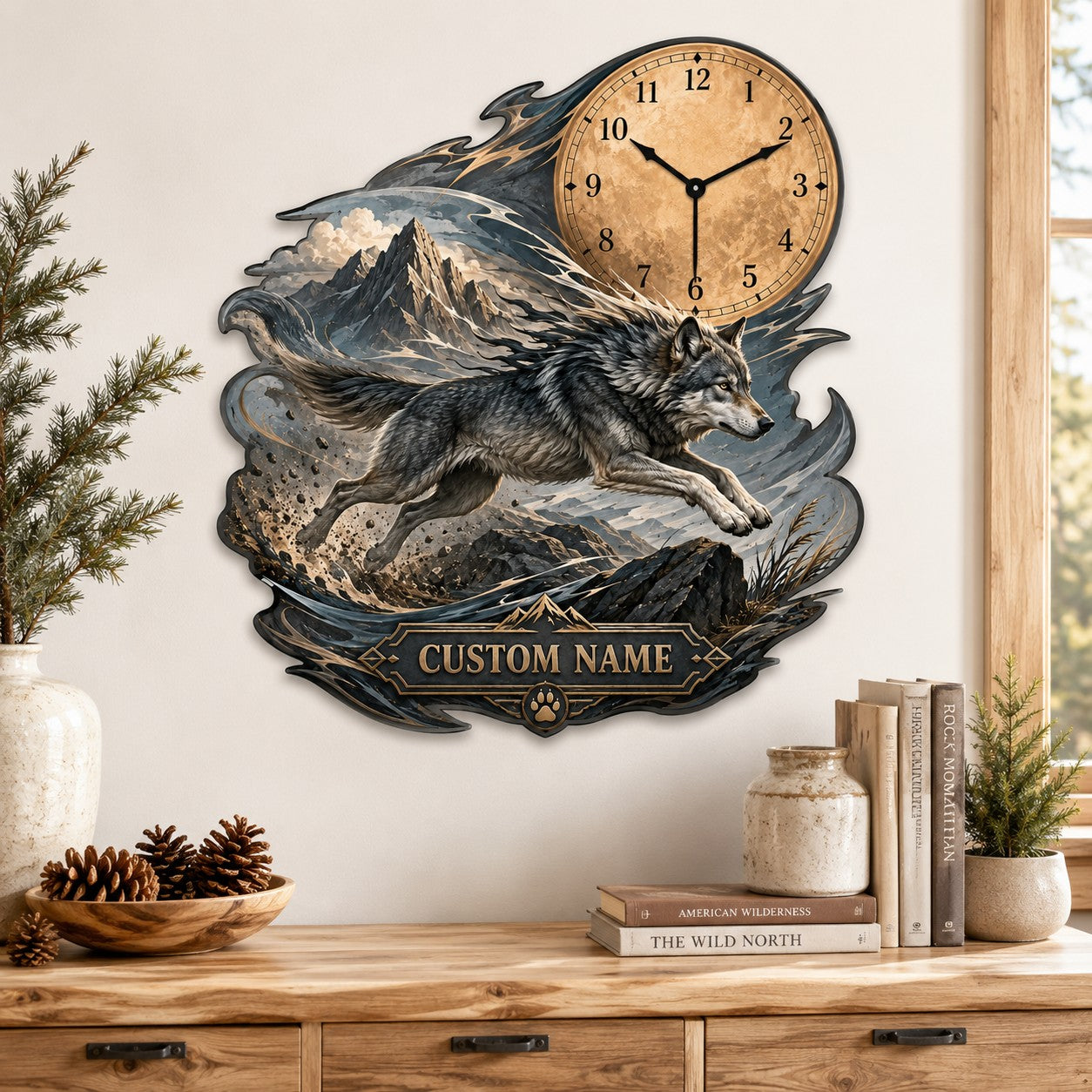 Personalized Running Wolf Wall Clock with Custom Name — personalized with a custom name