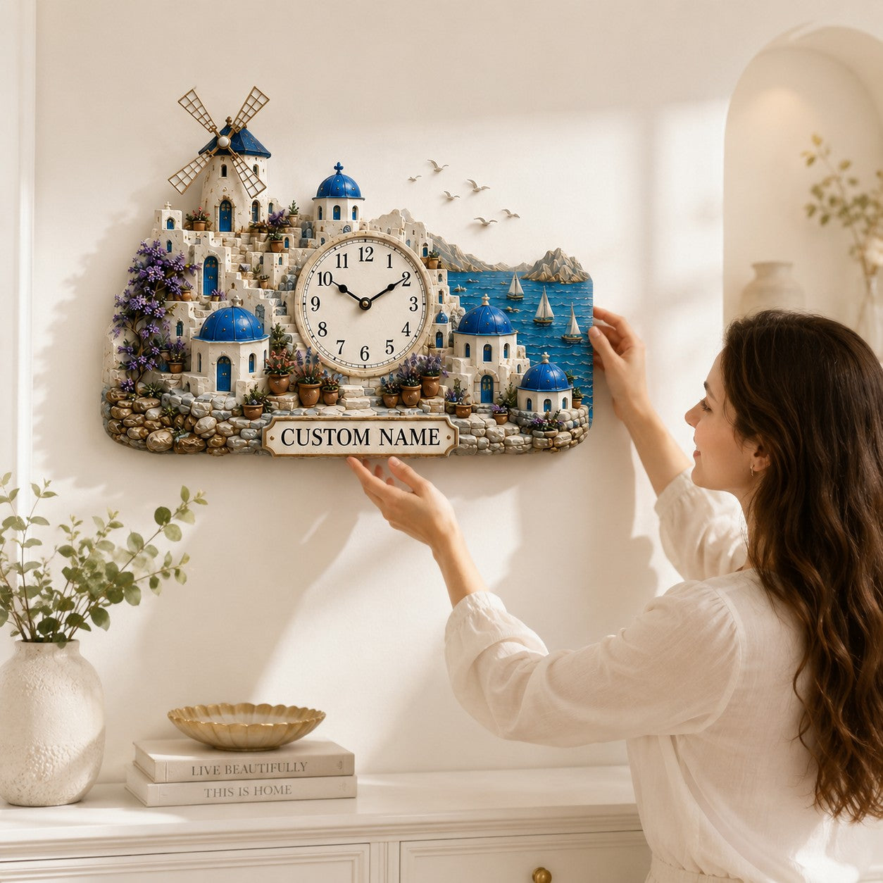Personalized Santorini Wall Clock with Custom Name — personalized with a custom name
