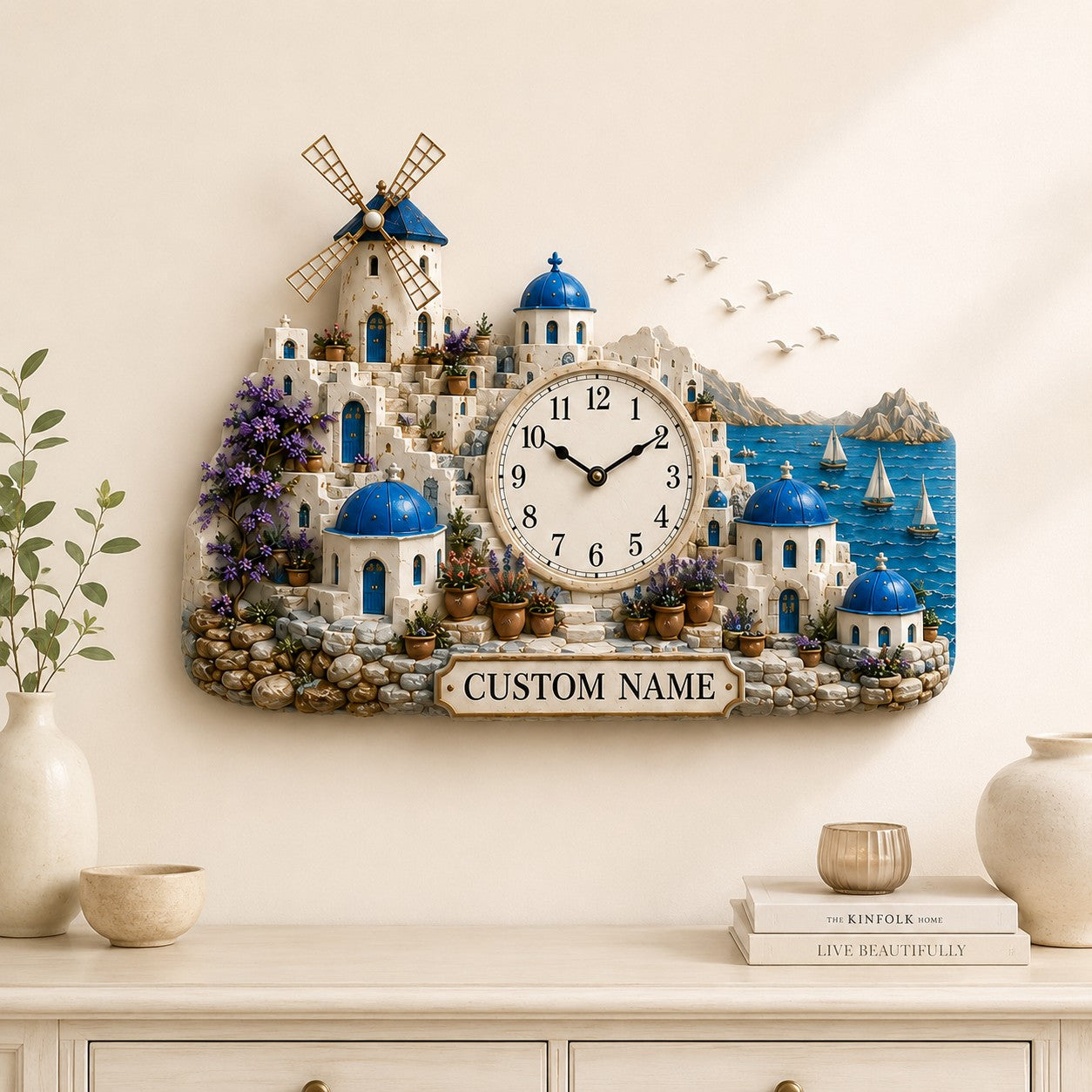 Personalized Santorini Wall Clock with Custom Name — personalized with a custom name