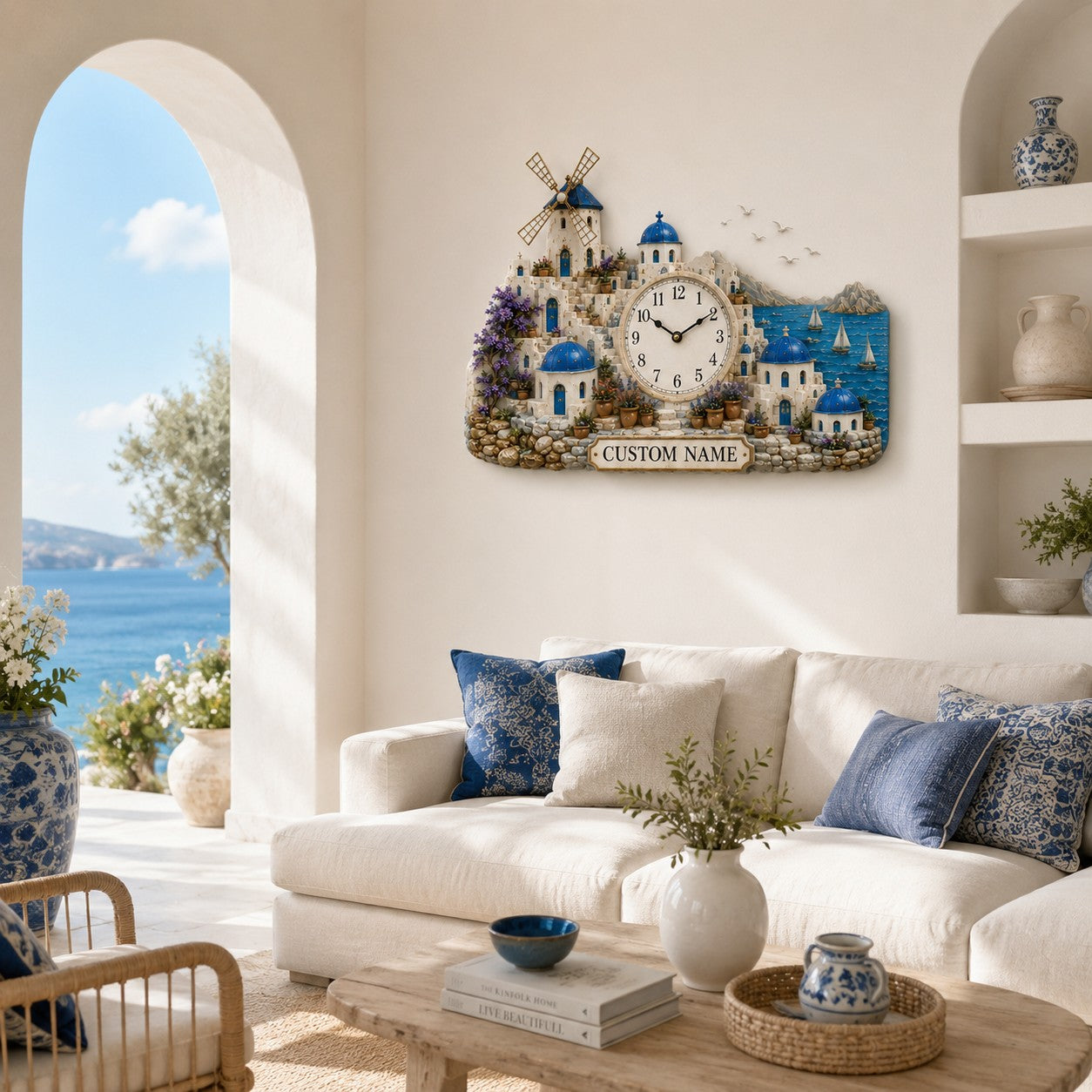 Personalized Santorini Wall Clock with Custom Name — personalized with a custom name