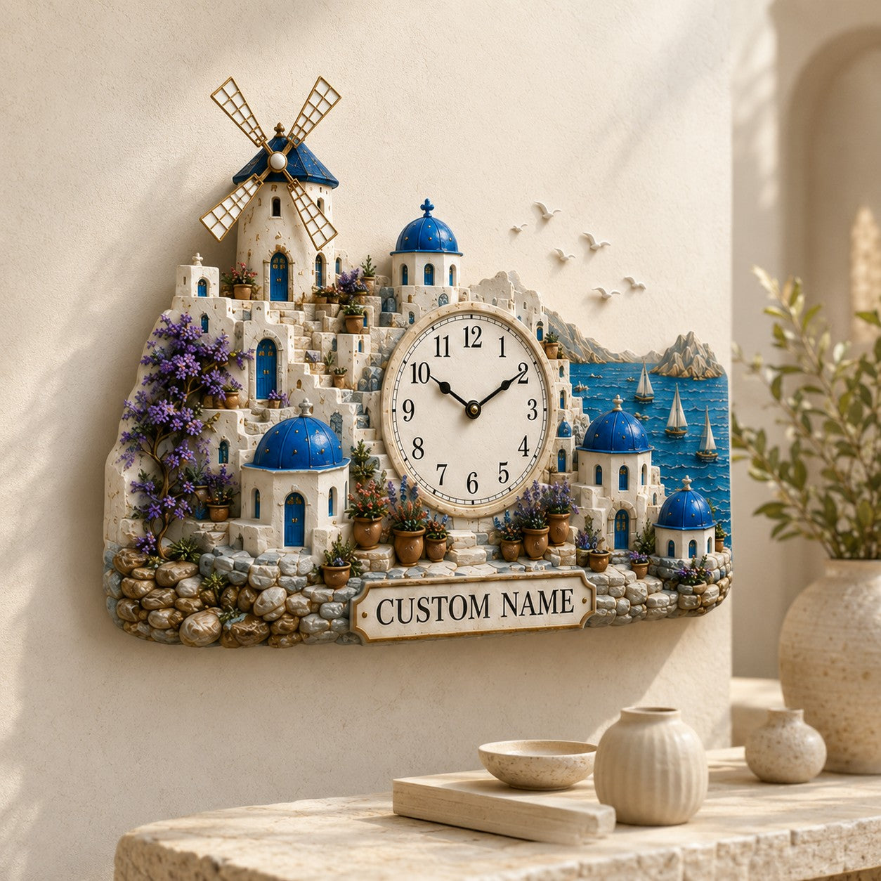 Personalized Santorini Wall Clock with Custom Name — personalized with a custom name
