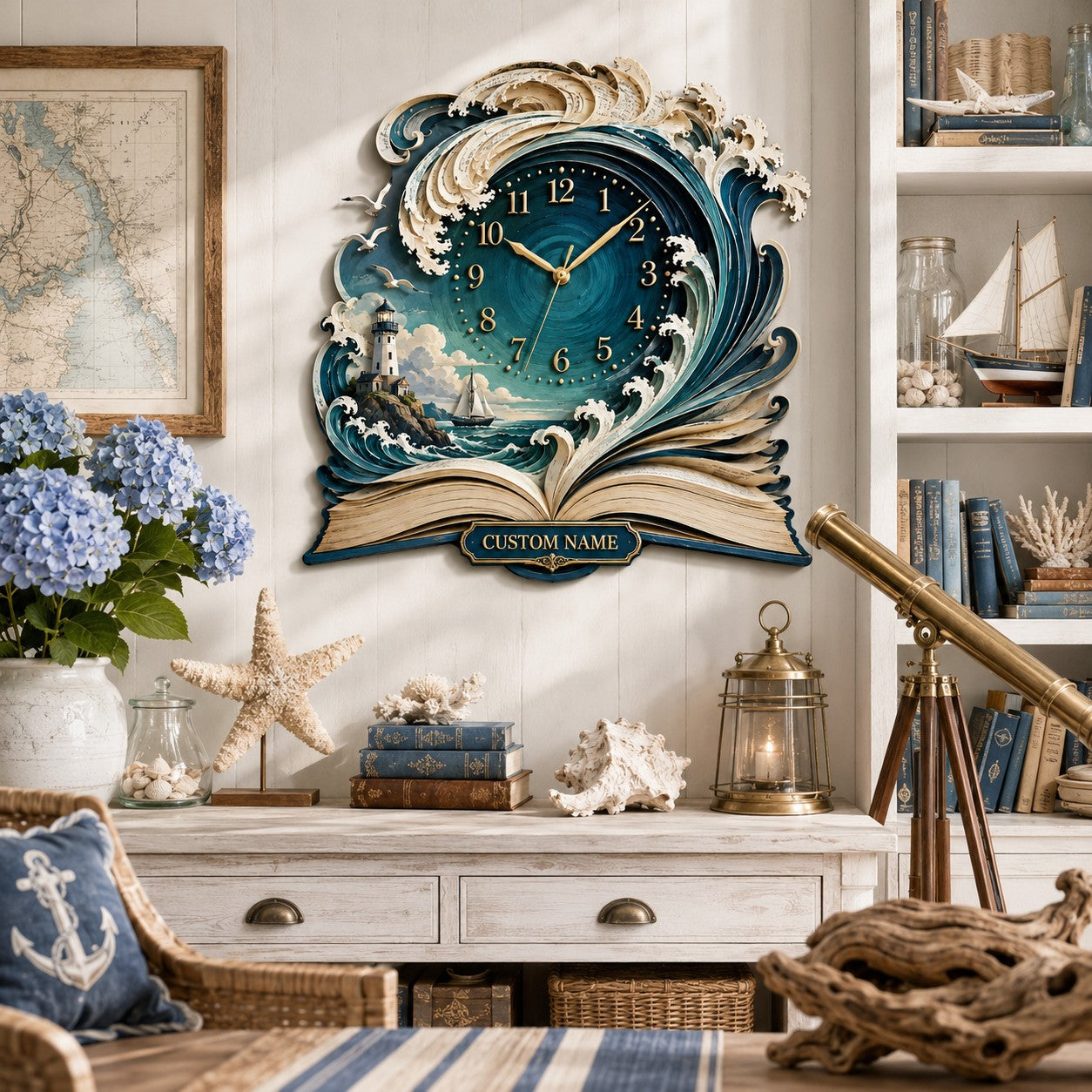 Personalized Coastal Book Lovers Wall Clock with Custom Name — personalized with a custom name
