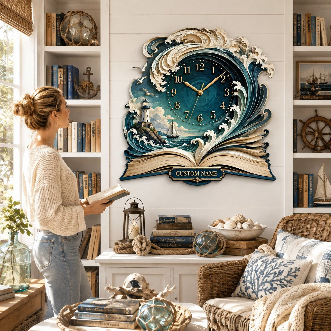 Personalized Coastal Book Lovers Wall Clock with Custom Name — personalized with a custom name