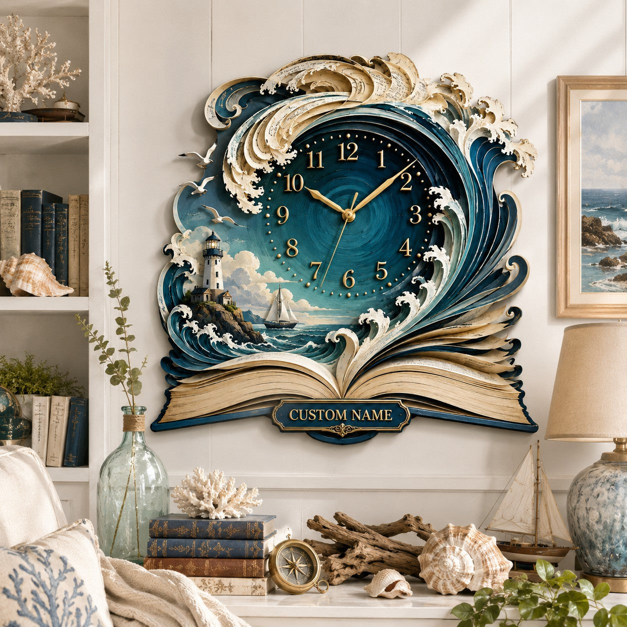 Personalized Coastal Book Lovers Wall Clock with Custom Name — personalized with a custom name