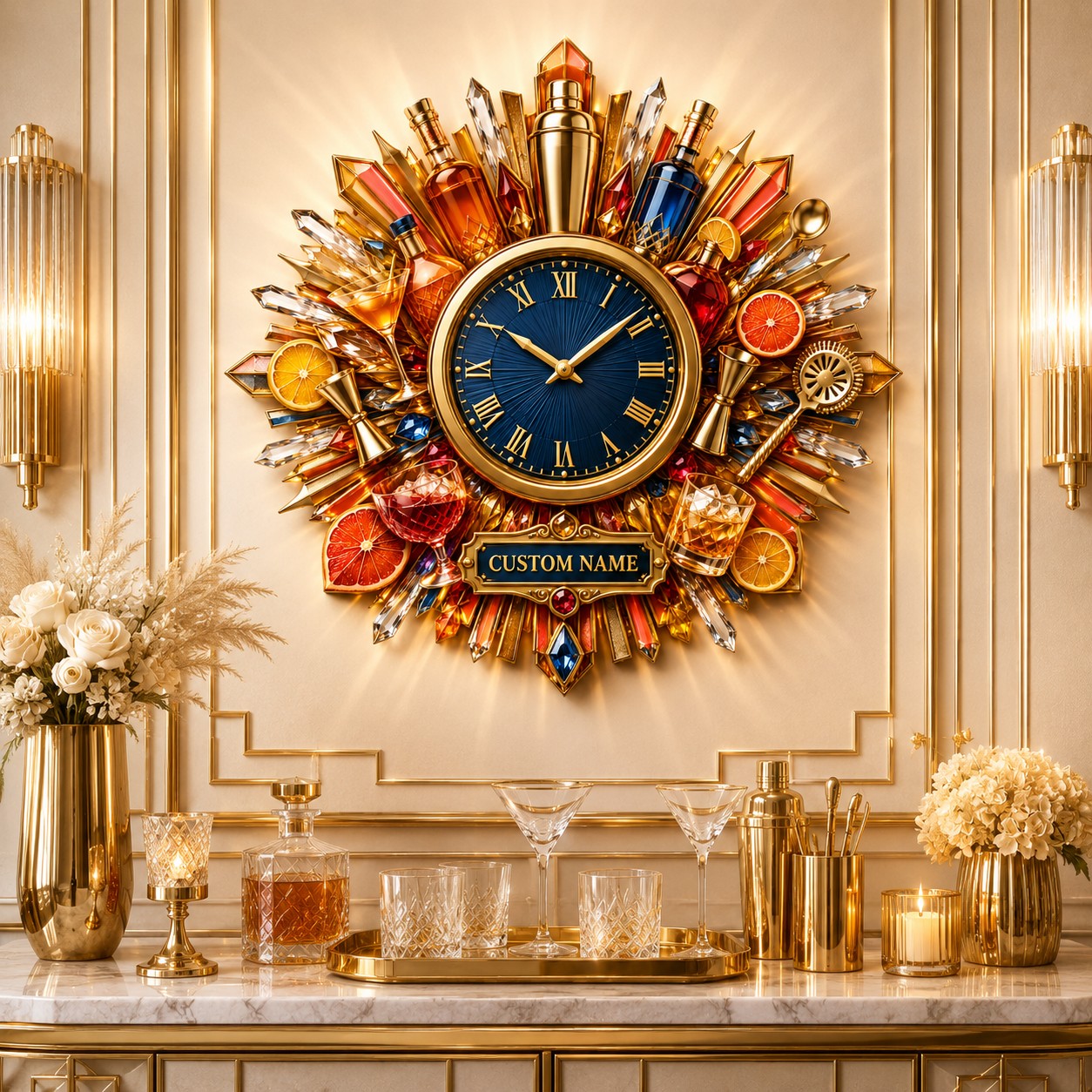 Personalized Cocktail Bar Wall Clock with Custom Name — personalized with a custom name