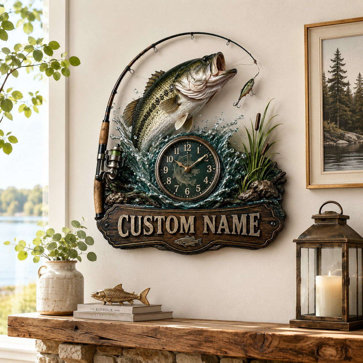 Personalized Bass Fishing Wall Clock, Custom Name Gift for Anglers — personalized with a custom name