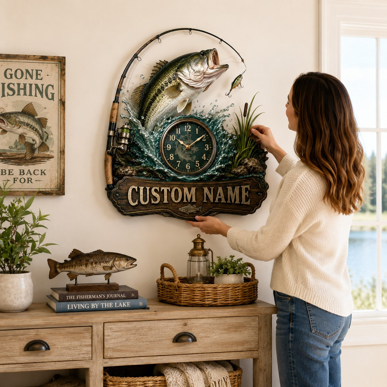 Personalized Bass Fishing Wall Clock, Custom Name Gift for Anglers — personalized with a custom name