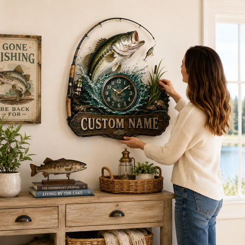 Personalized Bass Fishing Wall Clock, Custom Name Gift for Anglers — personalized with a custom name