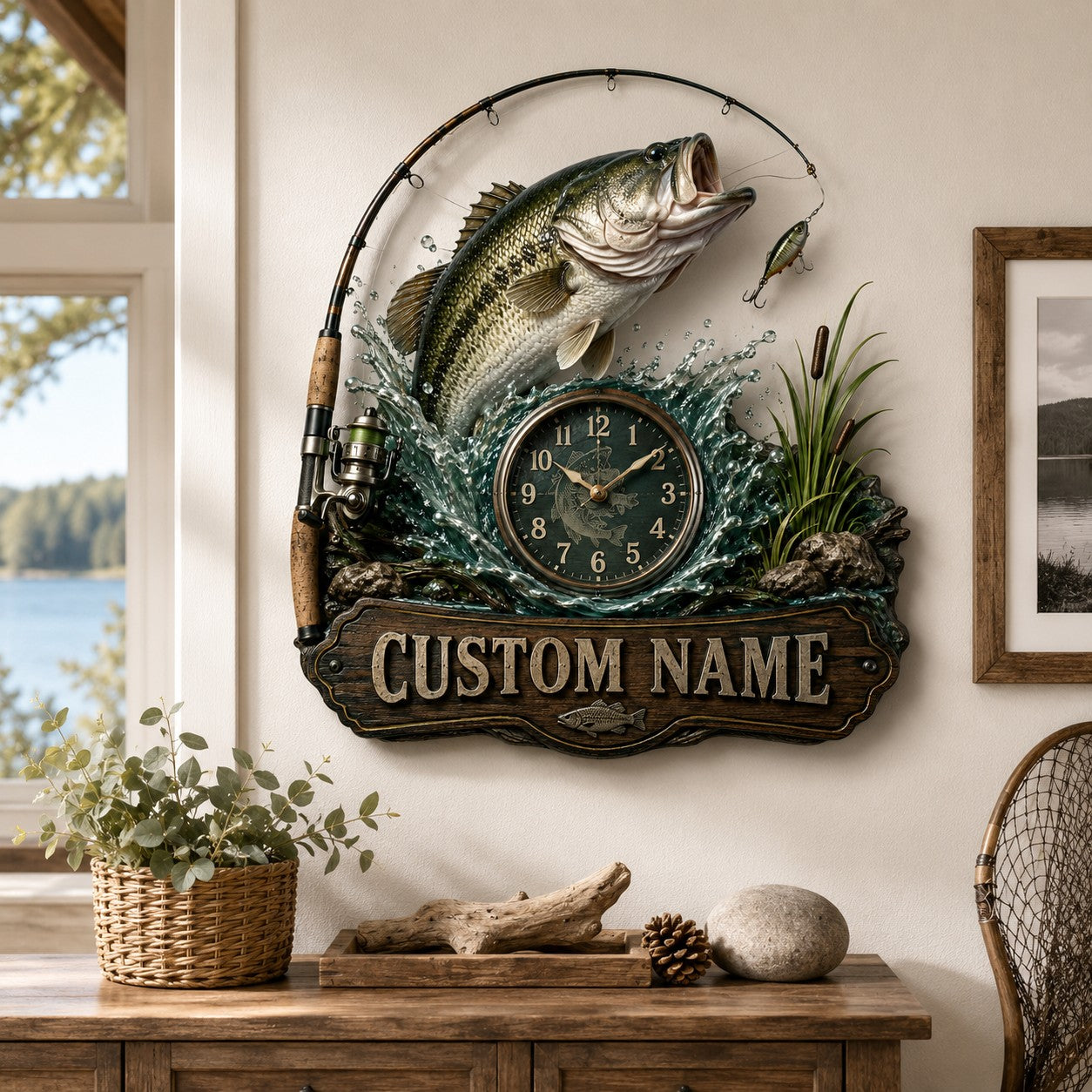 Personalized Bass Fishing Wall Clock, Custom Name Gift for Anglers — personalized with a custom name