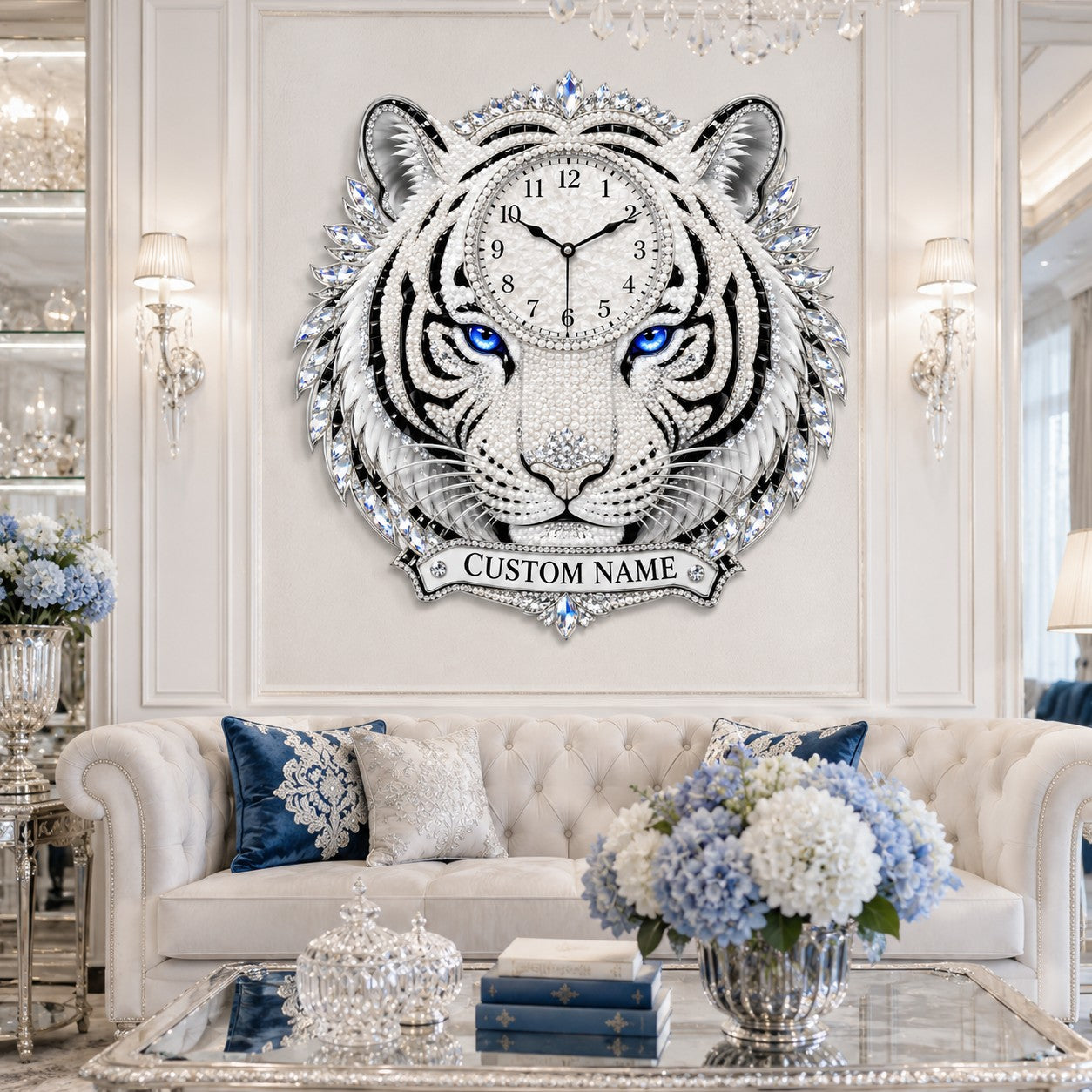 Personalized White Tiger Wall Clock with Custom Name — personalized with a custom name