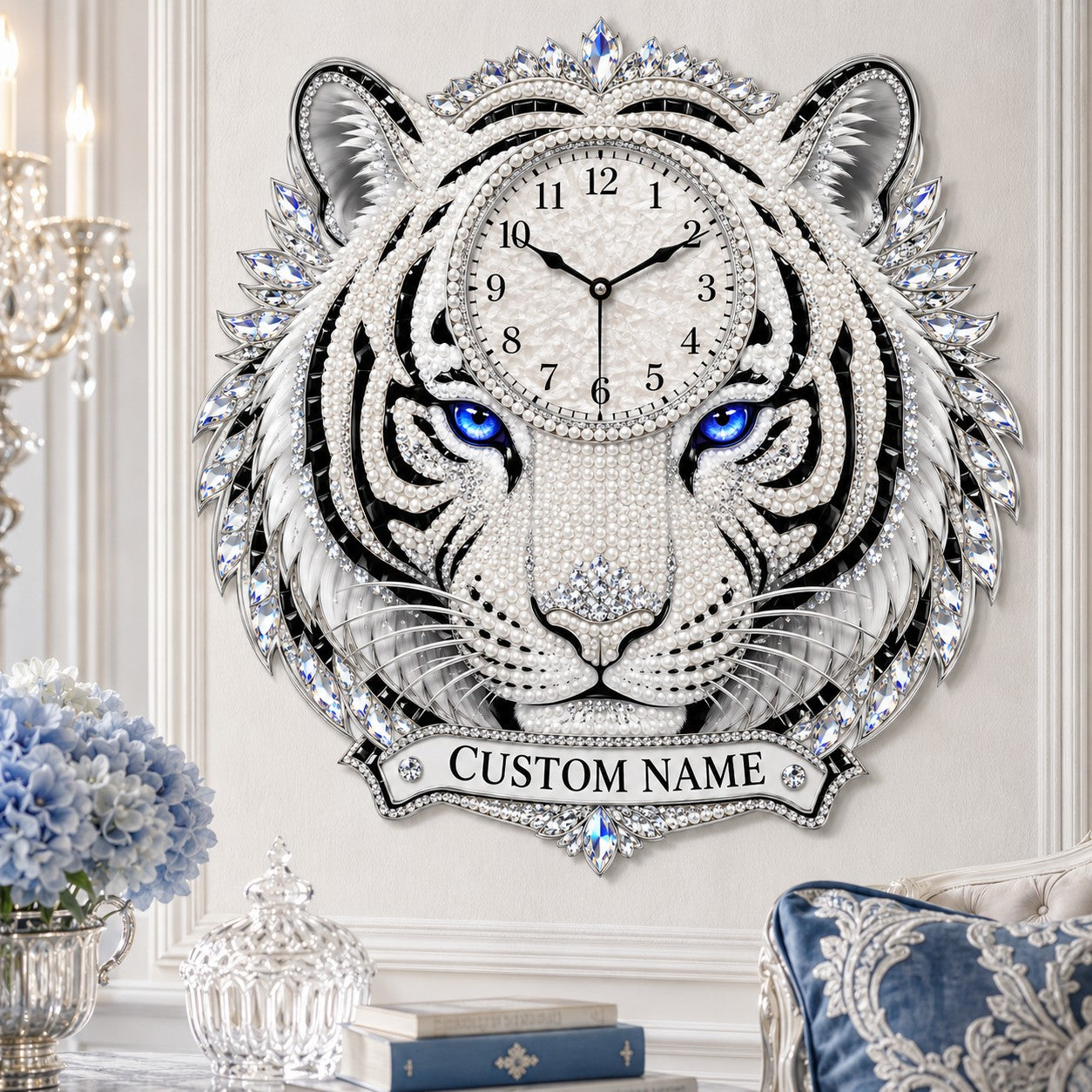 Personalized White Tiger Wall Clock with Custom Name — personalized with a custom name