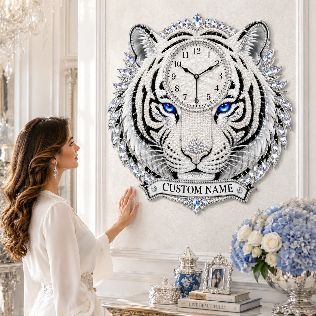 Personalized White Tiger Wall Clock with Custom Name — personalized with a custom name