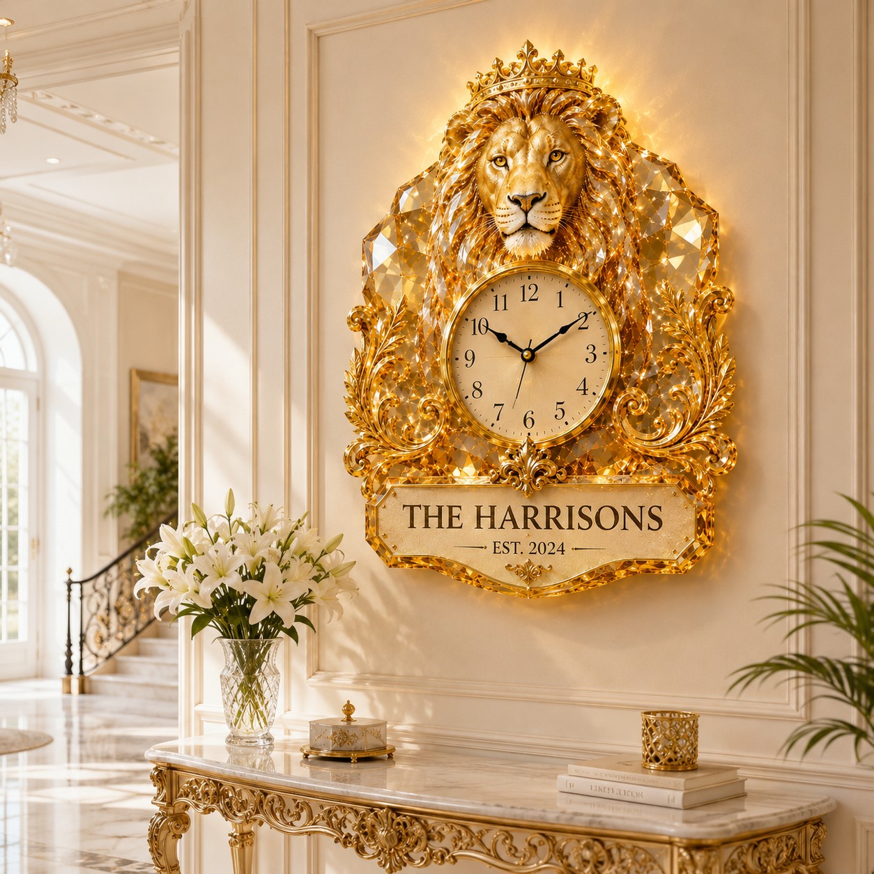 Personalized Royal Lion Wall Clock with Custom Name — personalized with a custom name