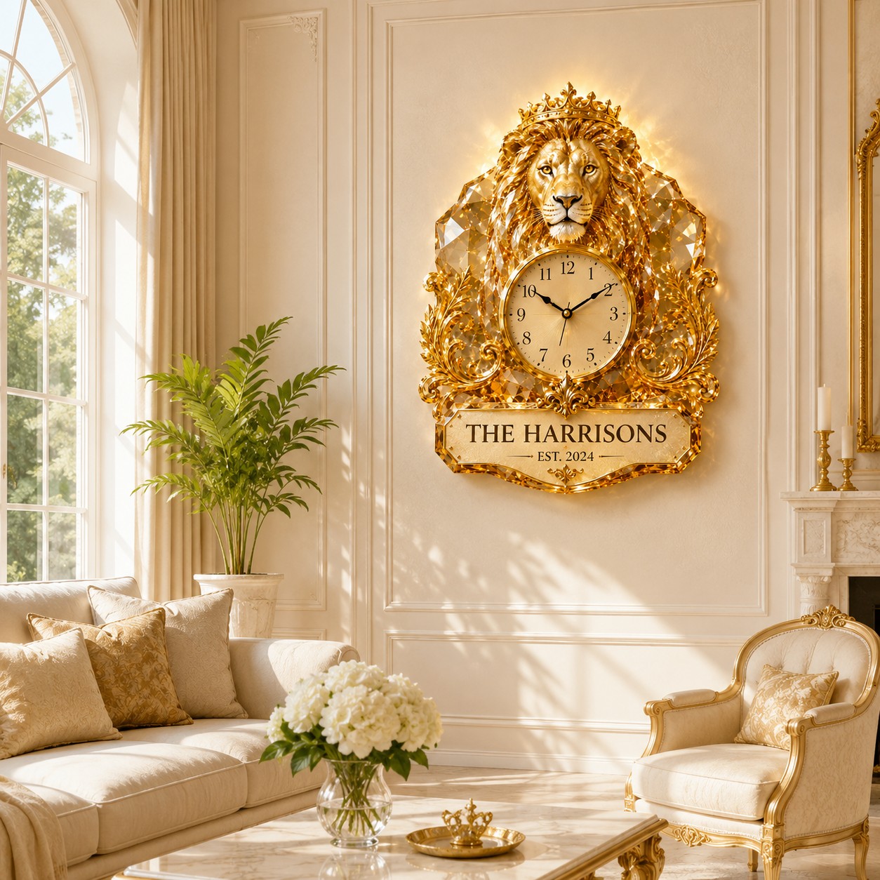 Personalized Royal Lion Wall Clock with Custom Name — personalized with a custom name
