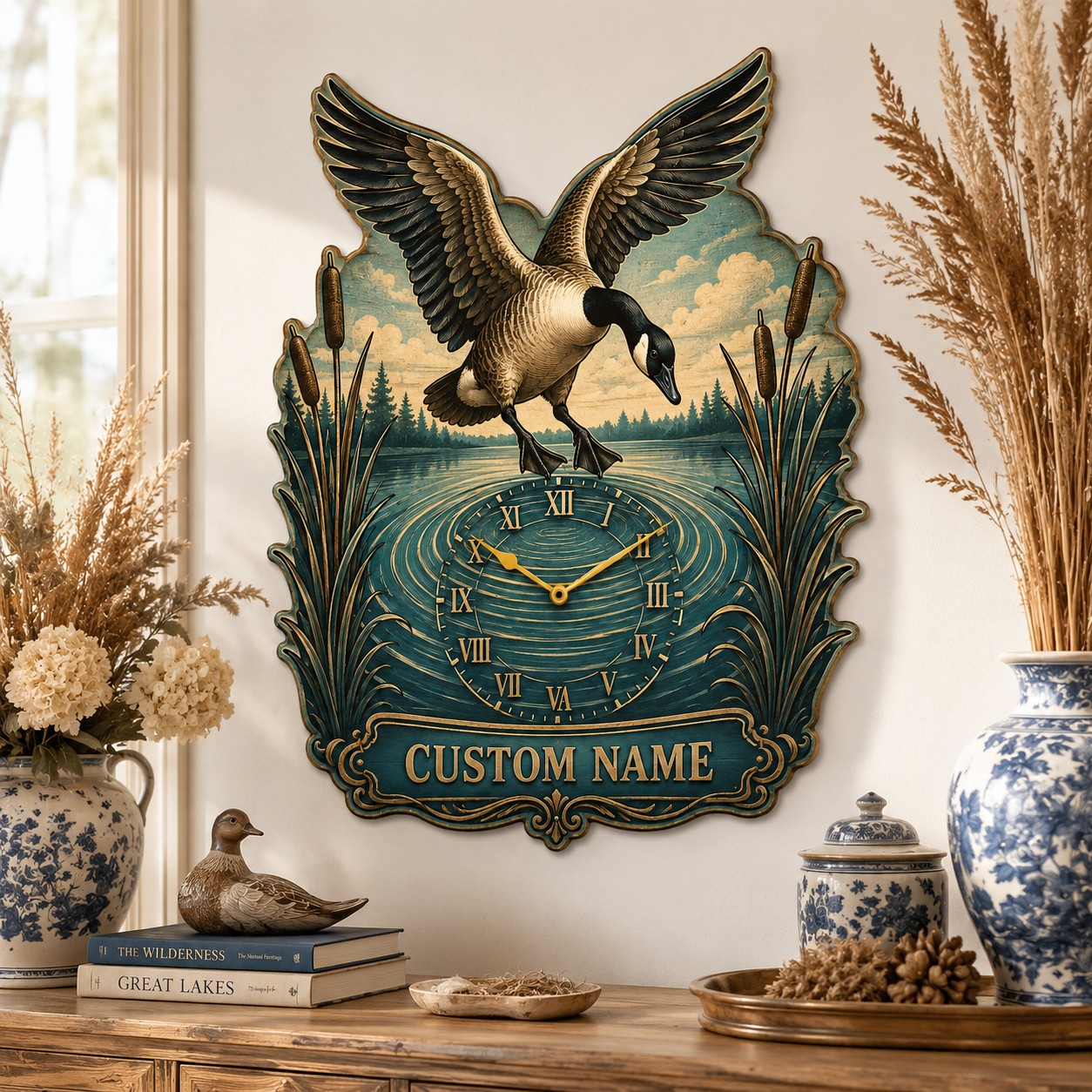 Personalized Landing Goose Wall Clock with Custom Name — personalized with a custom name