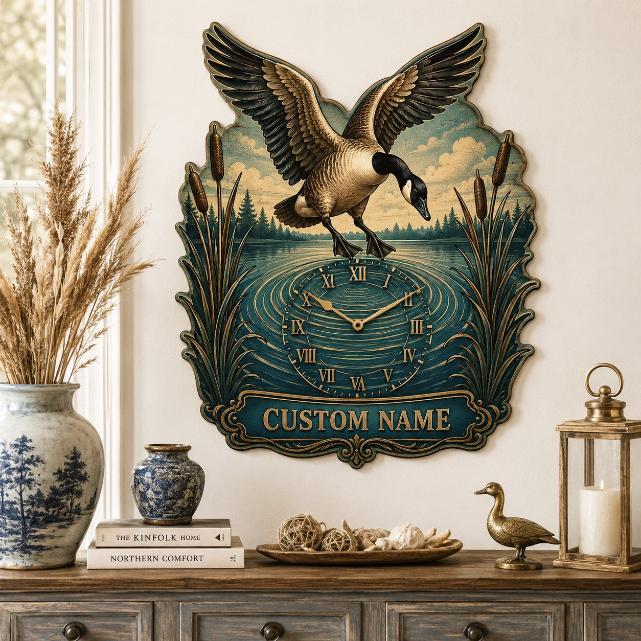 Personalized Landing Goose Wall Clock with Custom Name — personalized with a custom name