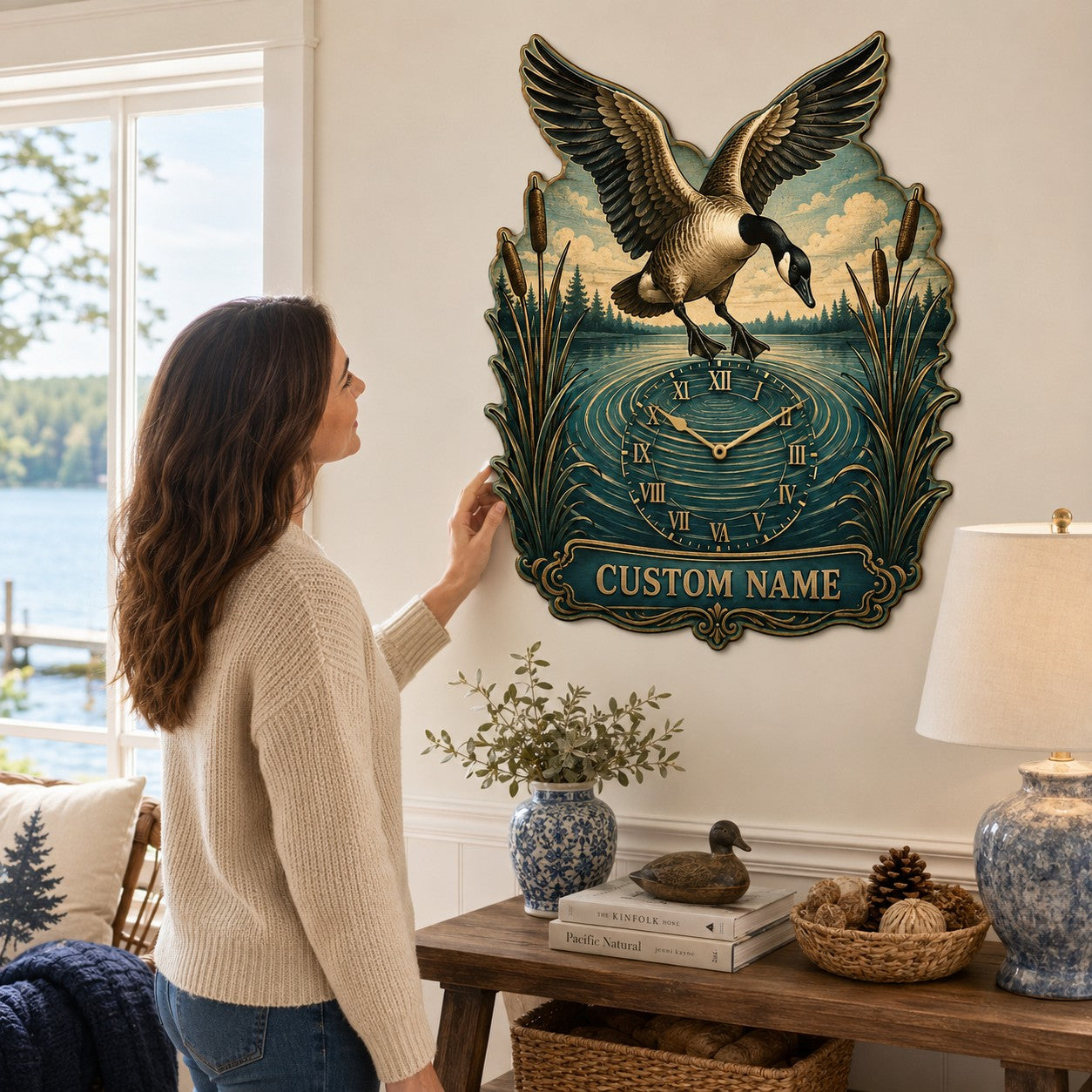 Personalized Landing Goose Wall Clock with Custom Name — personalized with a custom name