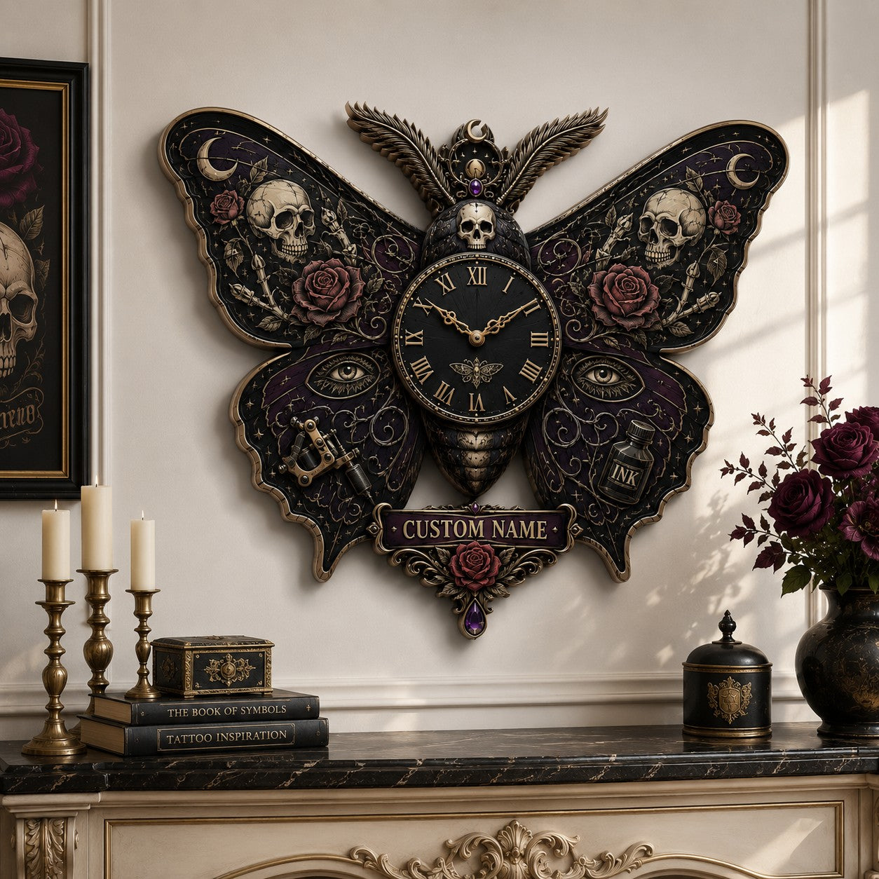 Personalized Moth and Butterfly Collectors Wall Clock with Custom Name — personalized with a custom name
