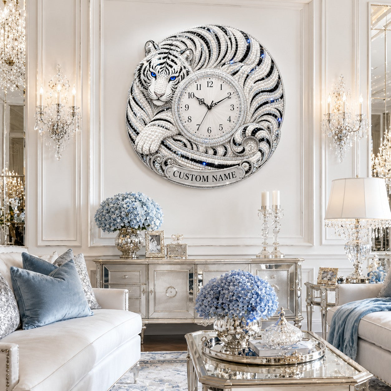 Personalized Curled White Tiger Wall Clock with Custom Name — personalized with a custom name