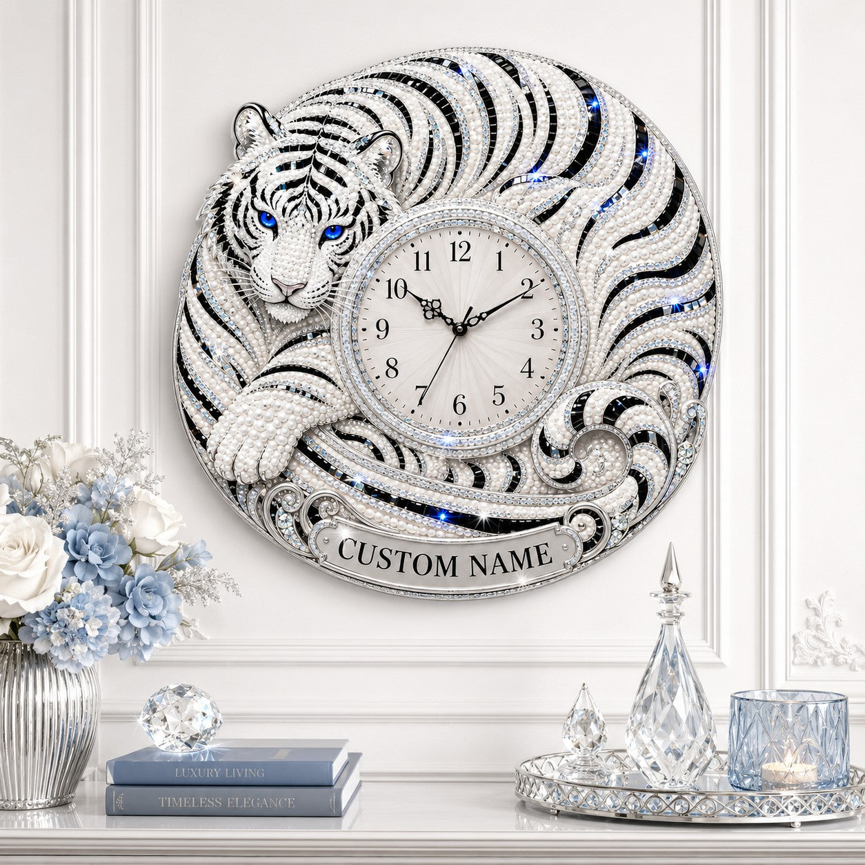 Personalized Curled White Tiger Wall Clock with Custom Name — personalized with a custom name