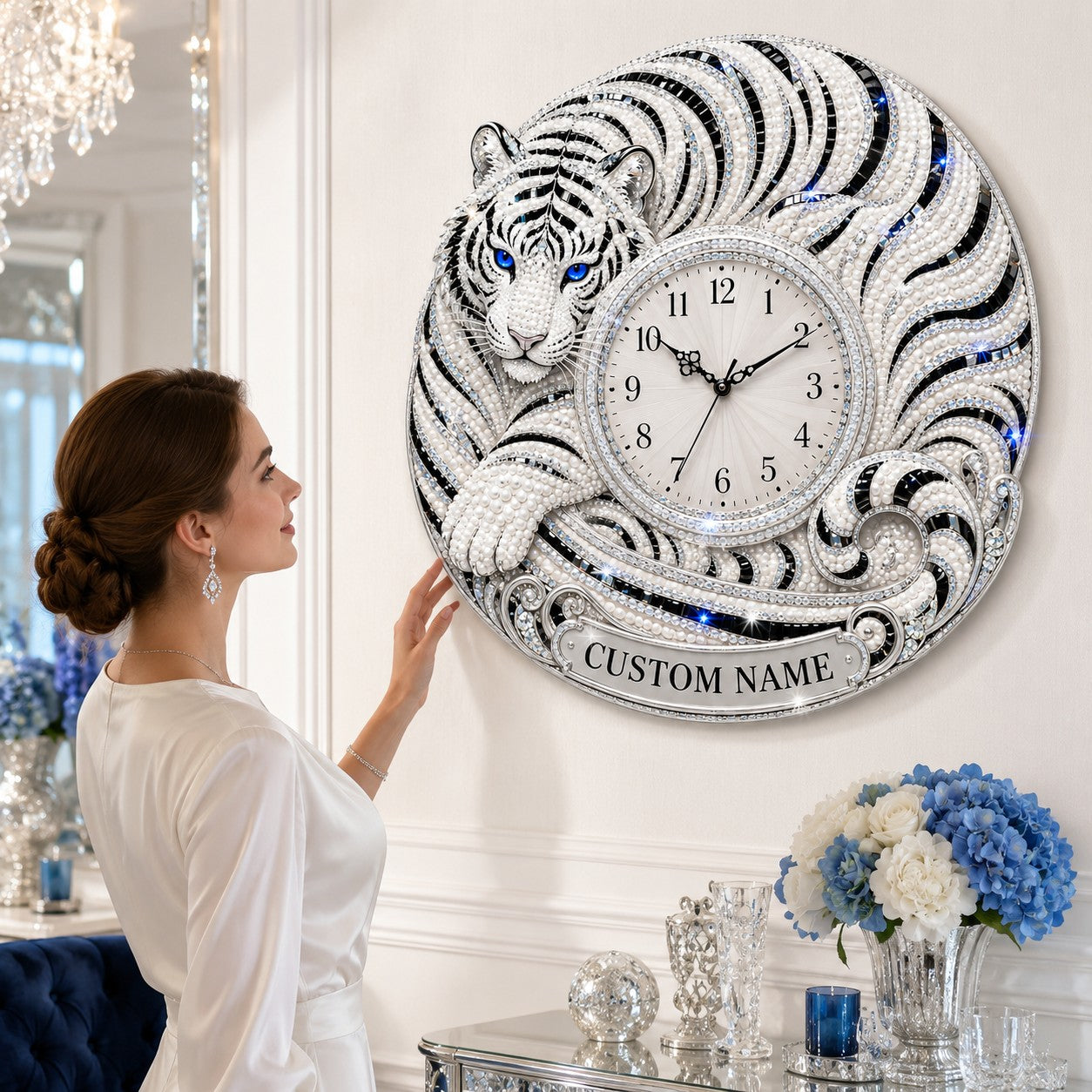 Personalized Curled White Tiger Wall Clock with Custom Name — personalized with a custom name
