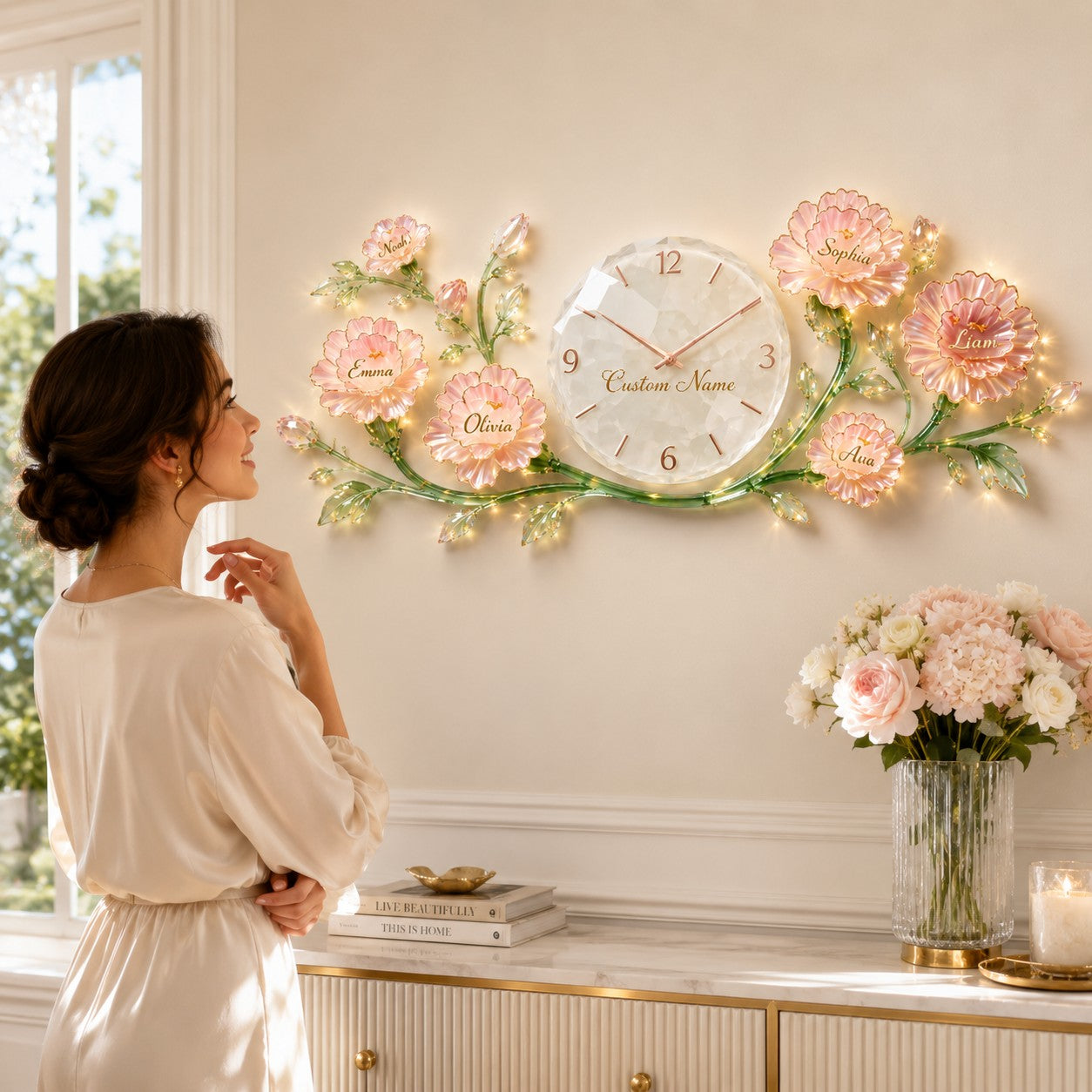 Personalized Floral Wall Clock with Custom Name (Design 2) — personalized with a custom name