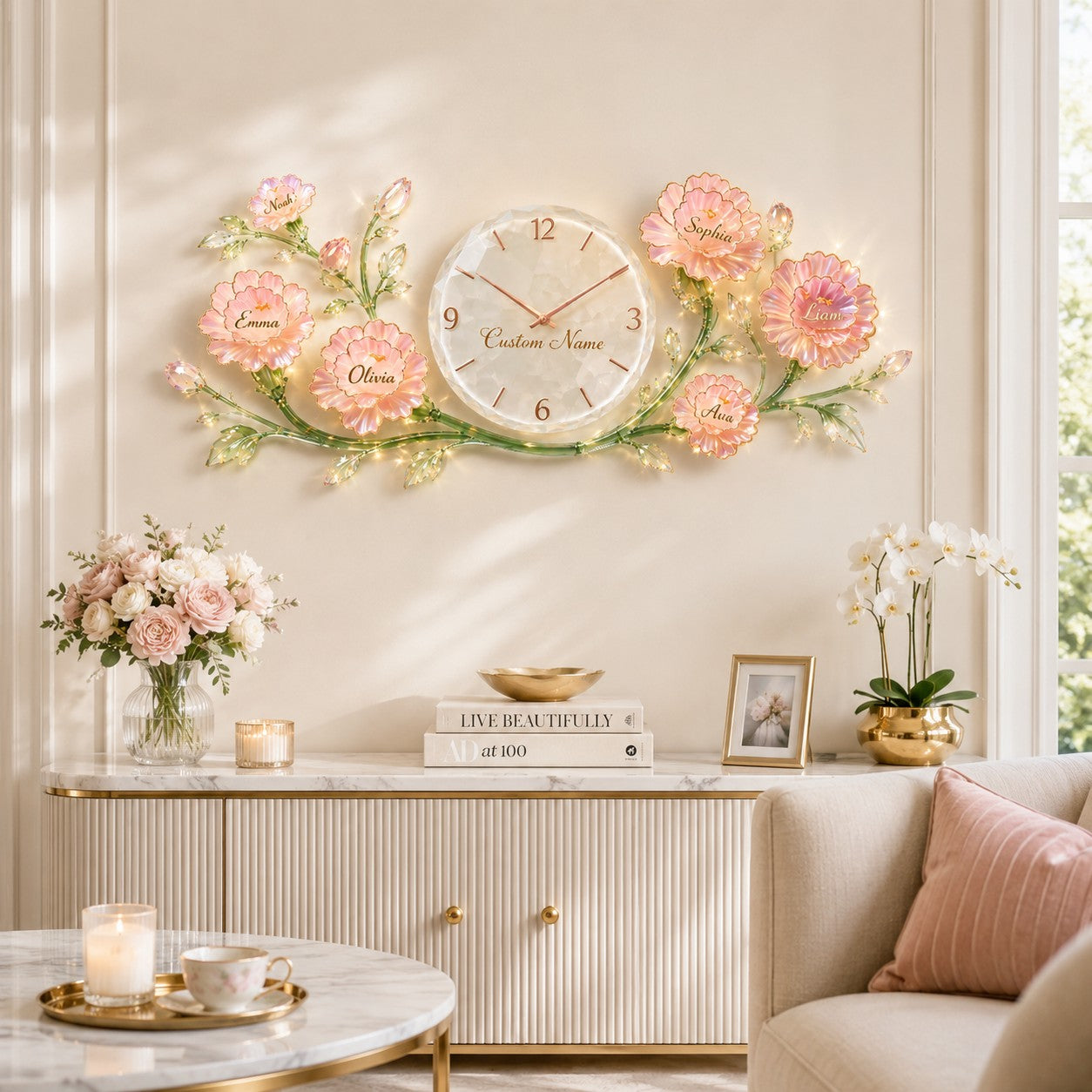 Personalized Floral Wall Clock with Custom Name (Design 2) — personalized with a custom name