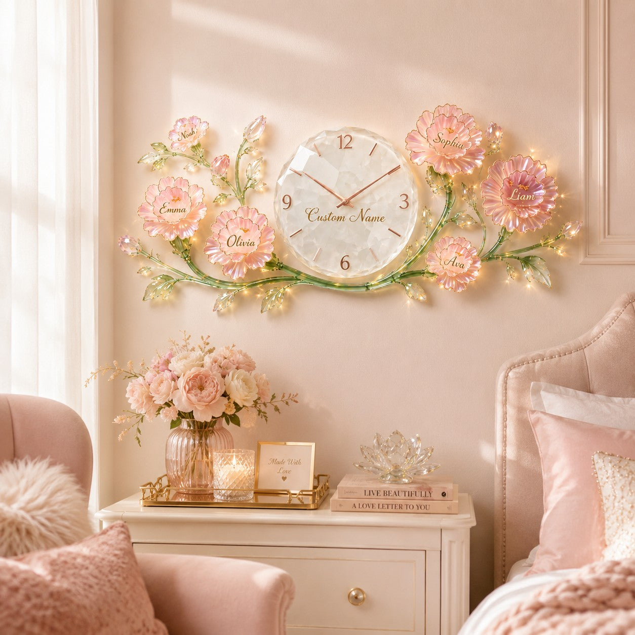Personalized Floral Wall Clock with Custom Name (Design 2) — personalized with a custom name