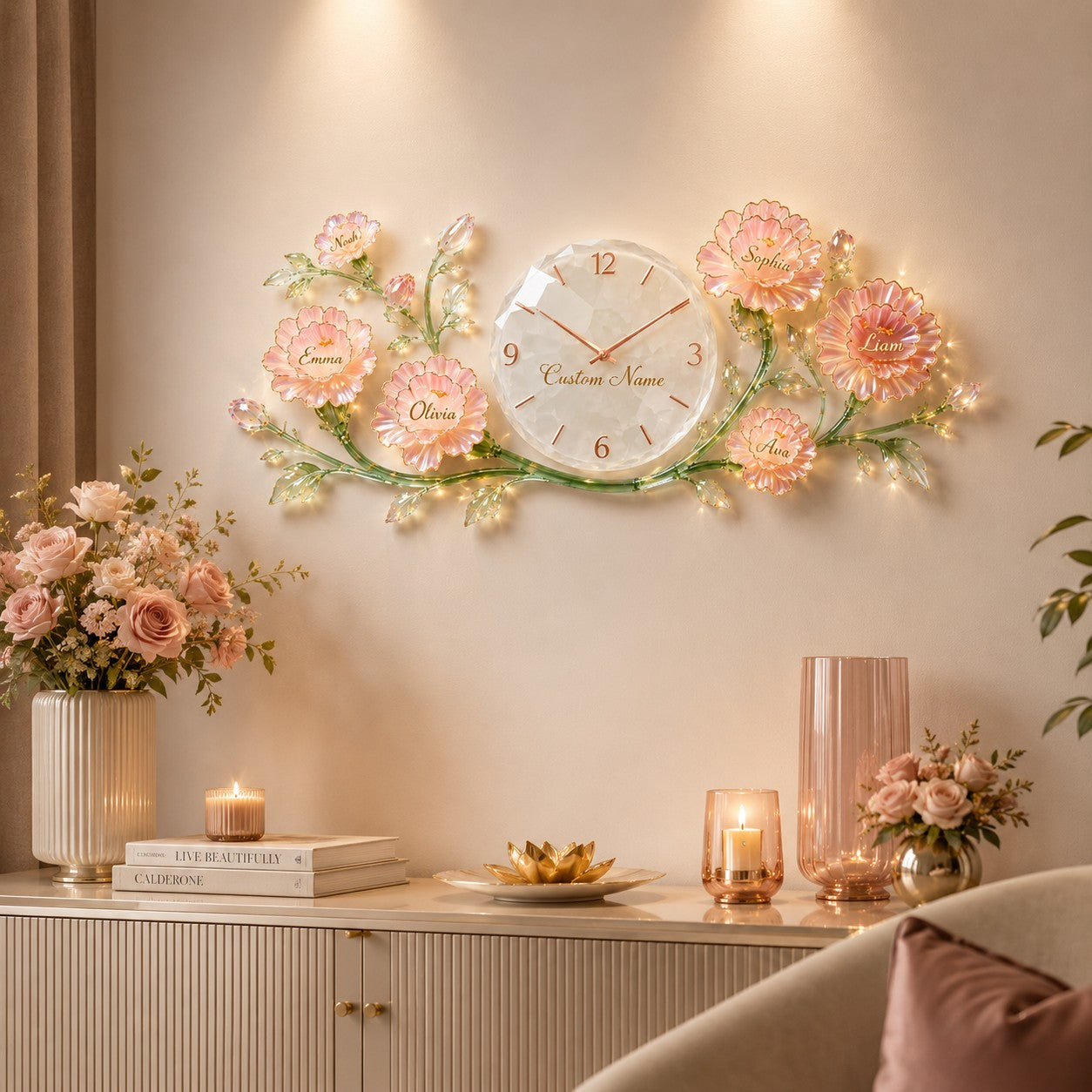Personalized Floral Wall Clock with Custom Name (Design 2) — personalized with a custom name