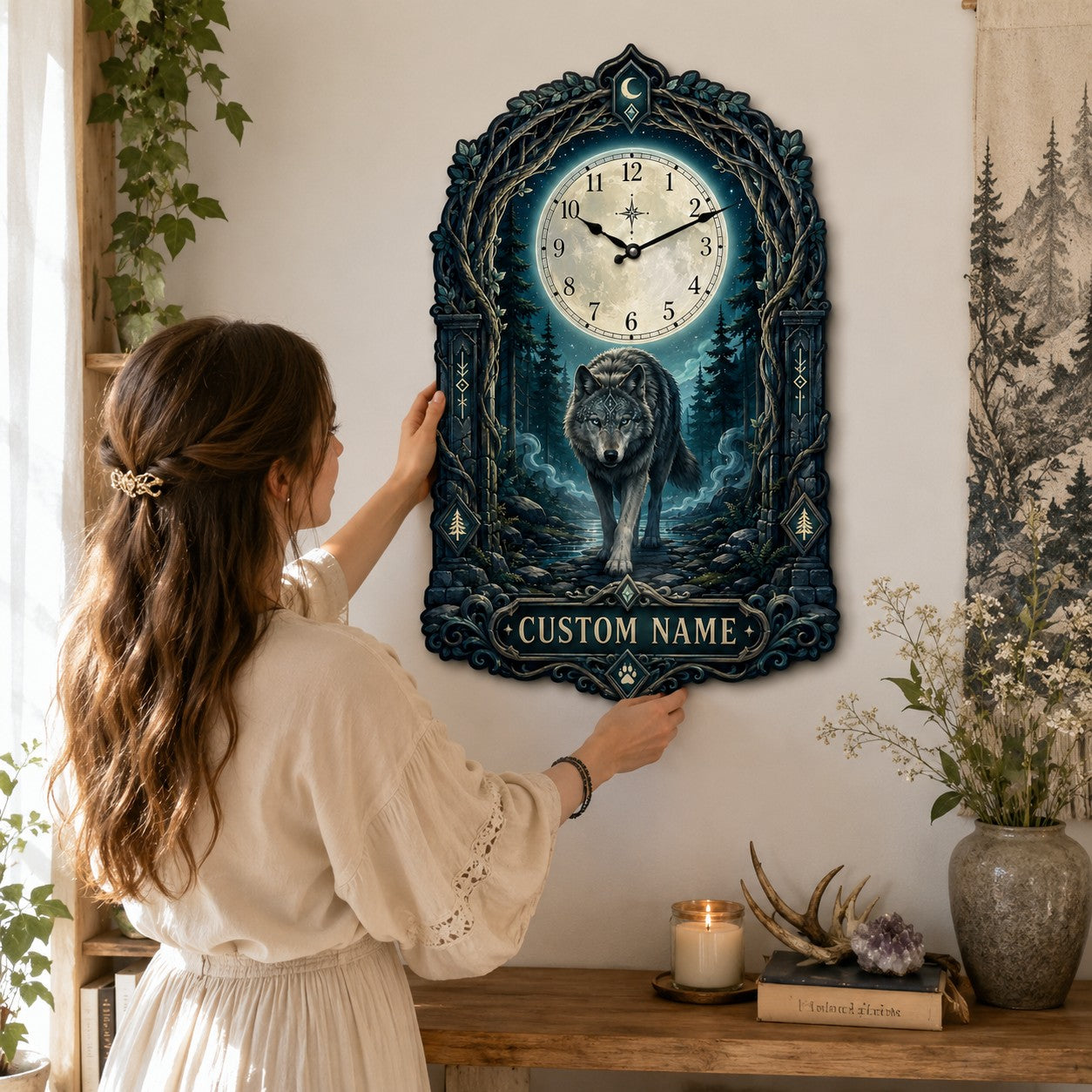 Personalized Mystical Wolf Wall Clock with Custom Name — personalized with a custom name
