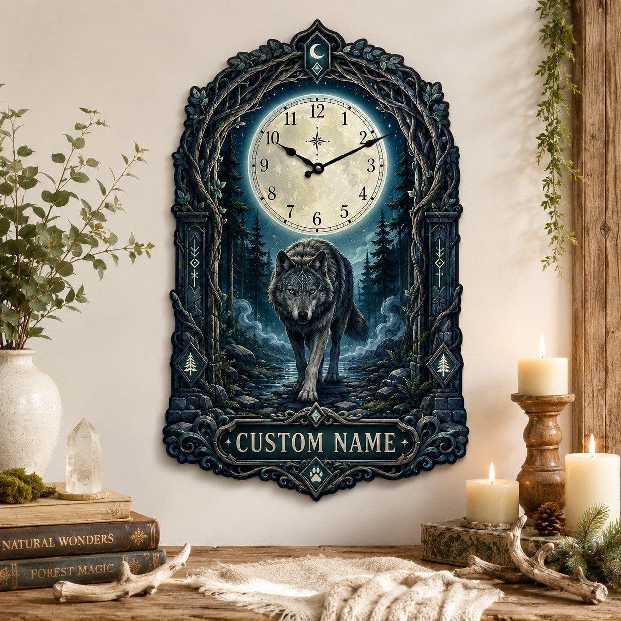Personalized Mystical Wolf Wall Clock with Custom Name — personalized with a custom name
