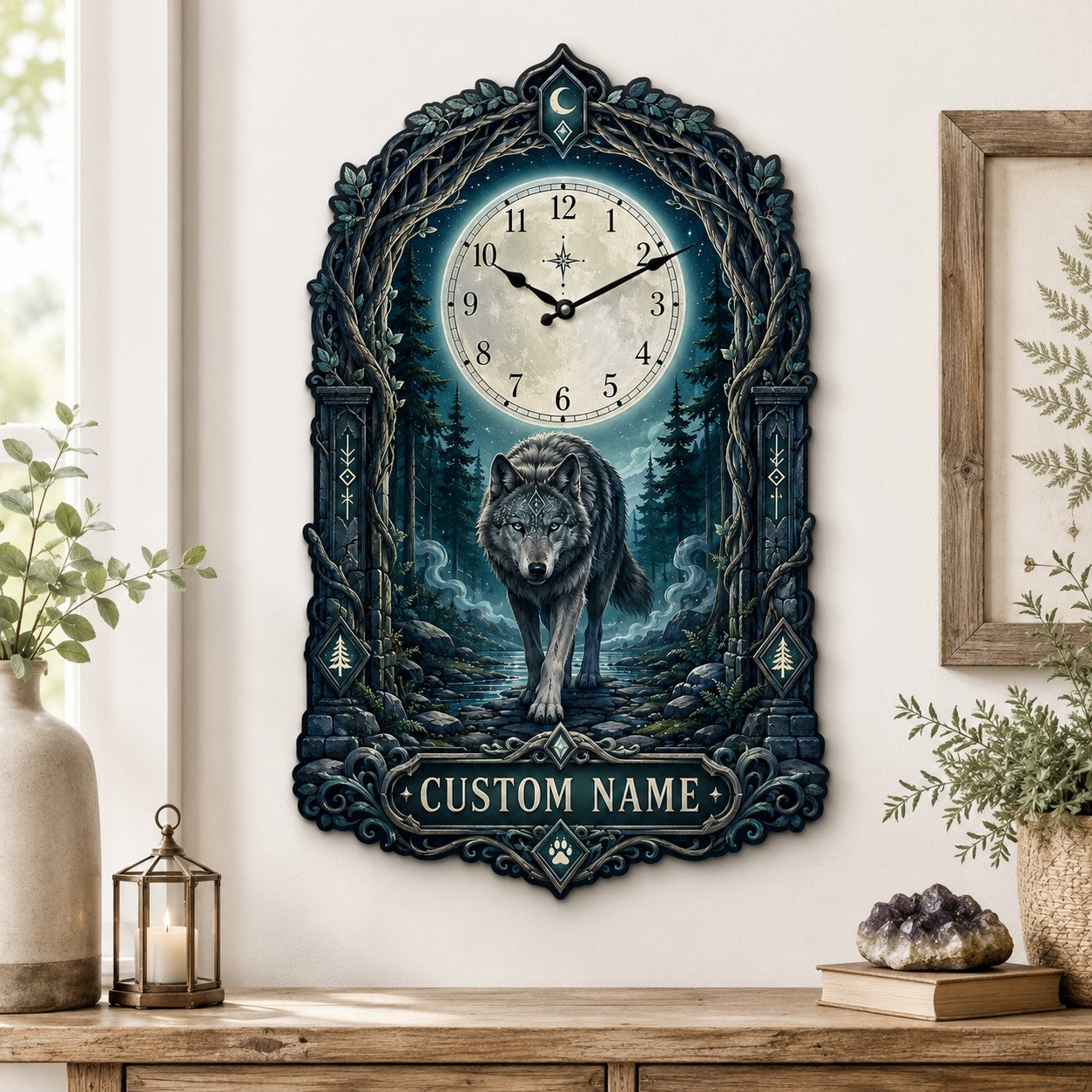 Personalized Mystical Wolf Wall Clock with Custom Name — personalized with a custom name