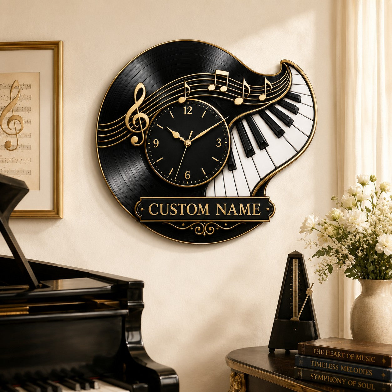 Personalized Piano Teacher Wall Clock, Custom Name Gift for Teachers — personalized with a custom name