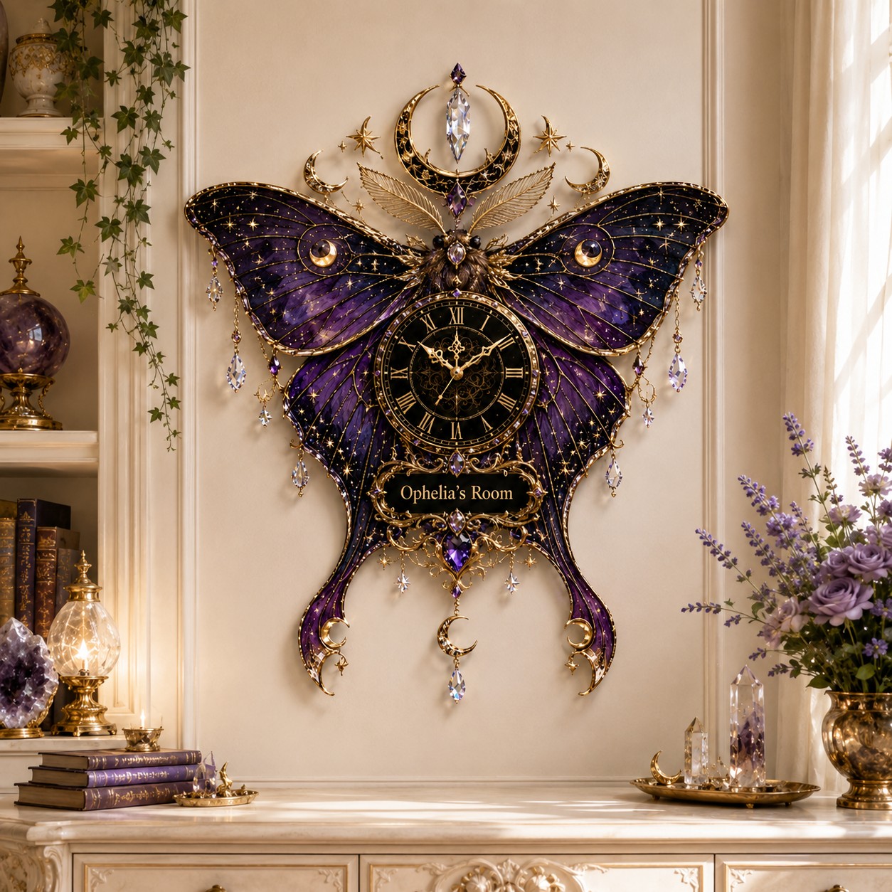 Personalized Moon Moth Wall Clock with Custom Name — personalized with a custom name