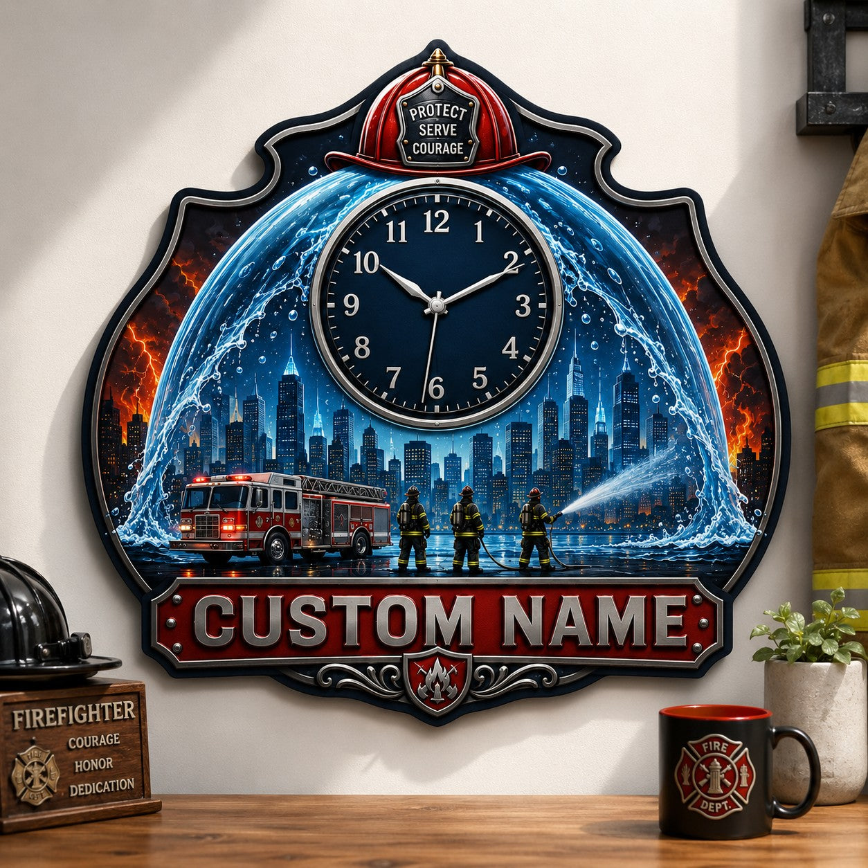 Personalized Firefighter Shield Wall Clock with Custom Name — personalized with a custom name