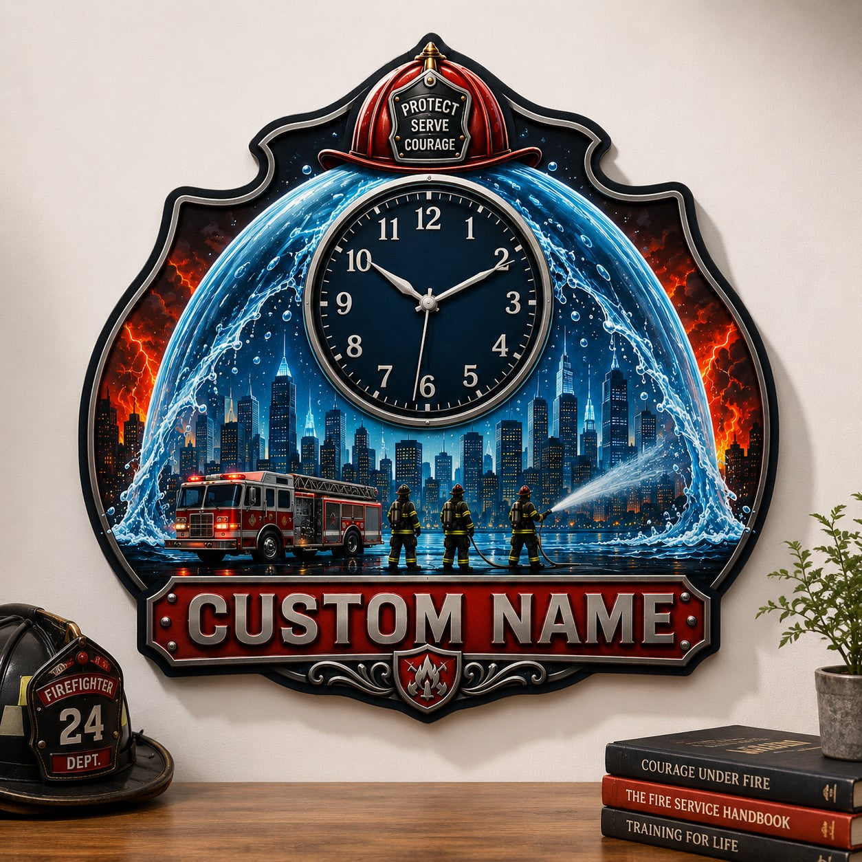 Personalized Firefighter Shield Wall Clock with Custom Name — personalized with a custom name