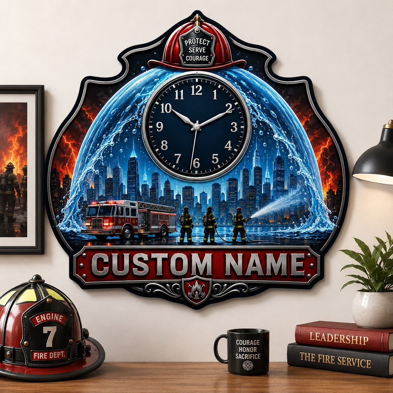 Personalized Firefighter Shield Wall Clock with Custom Name — personalized with a custom name