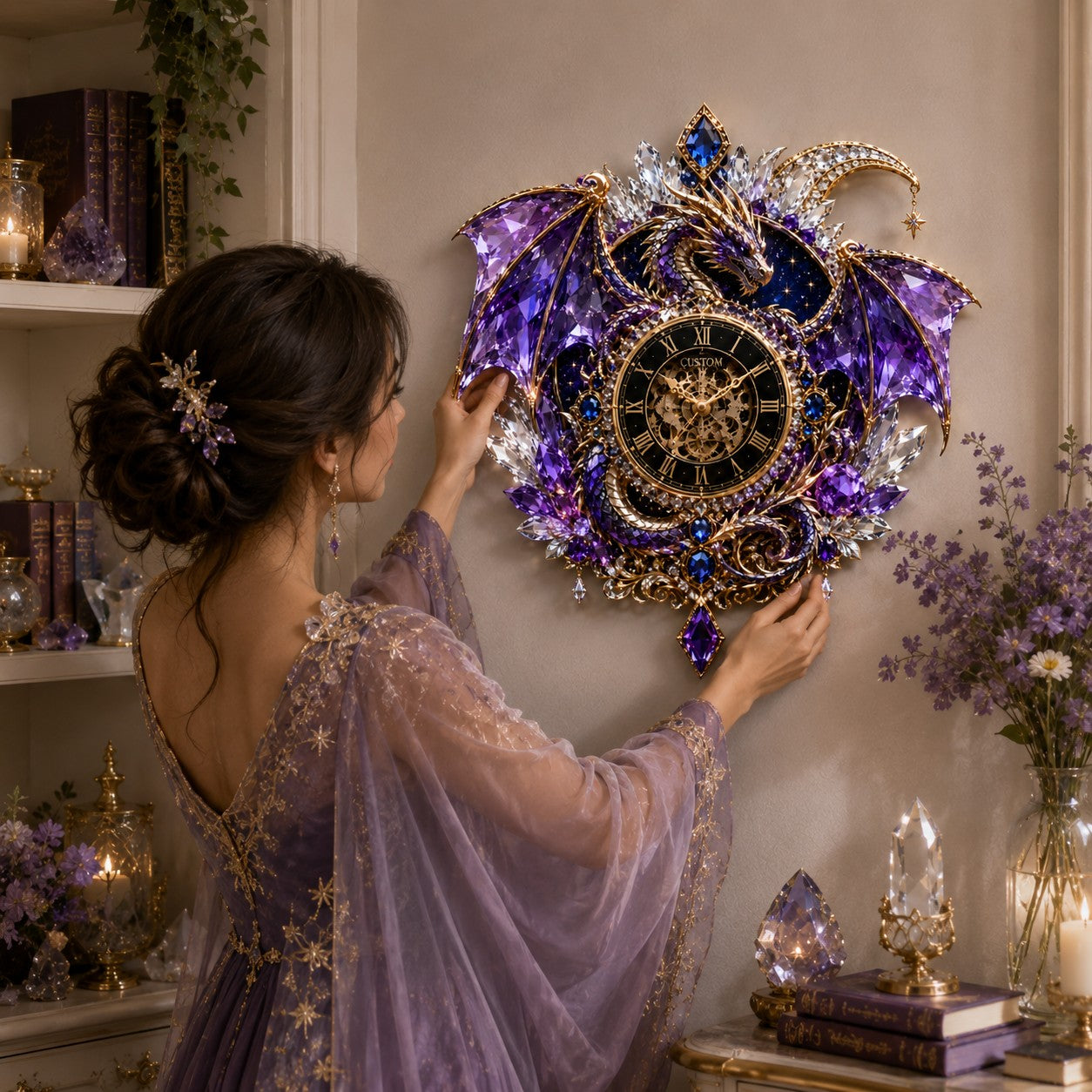 Personalized Purple Crystal Dragon Wall Clock with Custom Name — personalized with a custom name