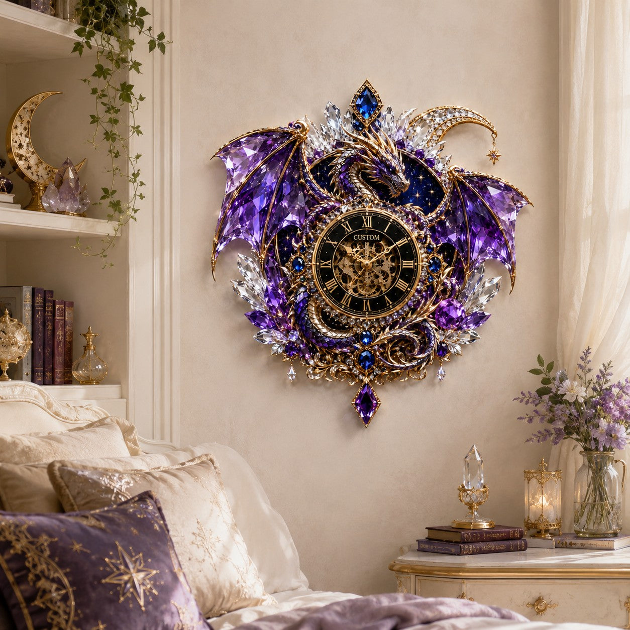 Personalized Purple Crystal Dragon Wall Clock with Custom Name — personalized with a custom name