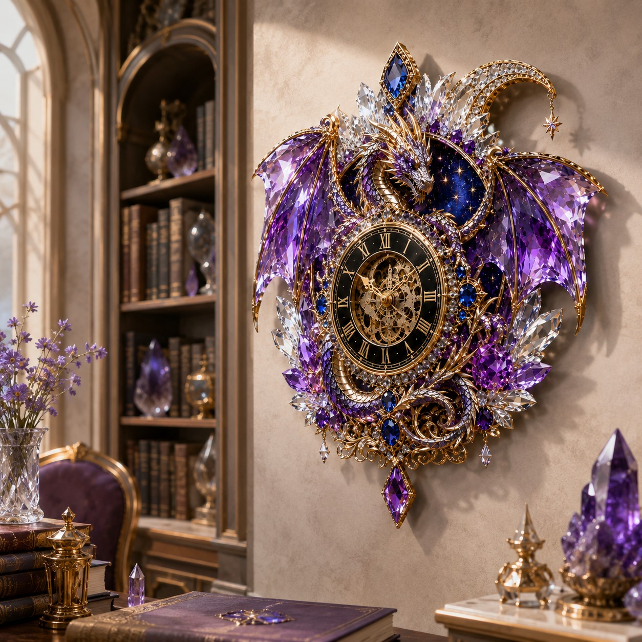 Personalized Purple Crystal Dragon Wall Clock with Custom Name — personalized with a custom name