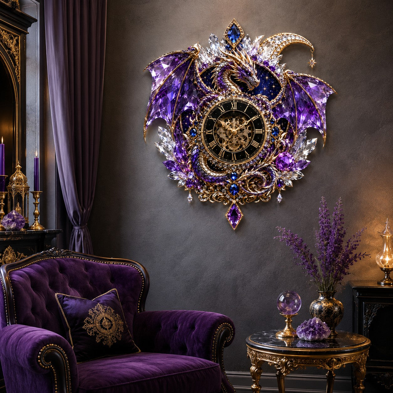 Personalized Purple Crystal Dragon Wall Clock with Custom Name — personalized with a custom name