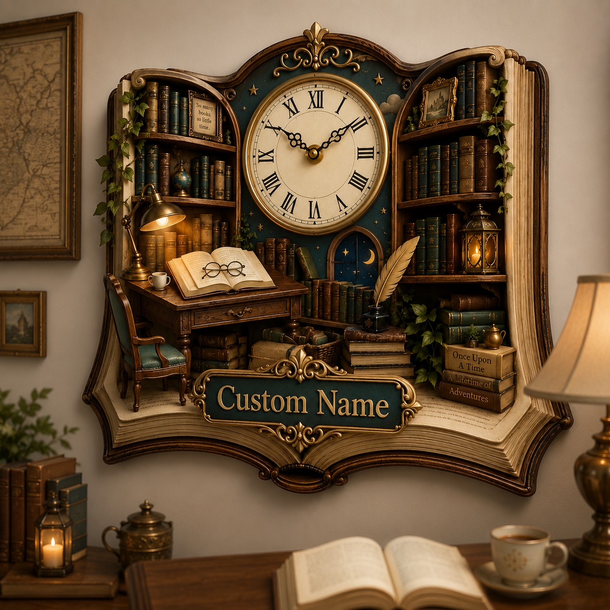 Personalized Open Book Wall Clock, Custom Name Gift for Book Lovers — personalized with a custom name