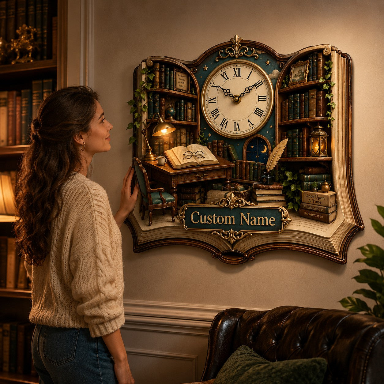 Personalized Open Book Wall Clock, Custom Name Gift for Book Lovers — personalized with a custom name
