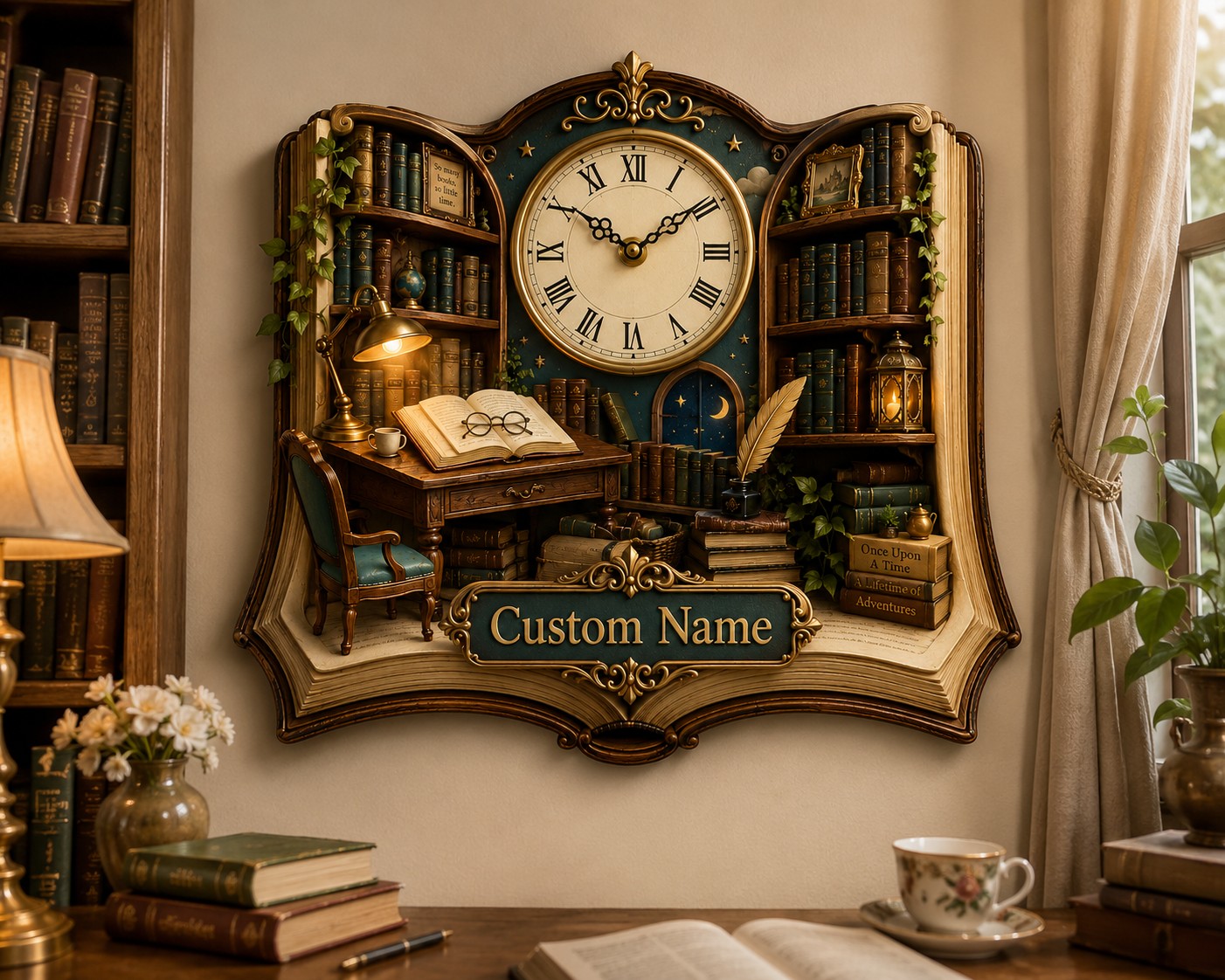 Personalized Open Book Wall Clock, Custom Name Gift for Book Lovers — personalized with a custom name