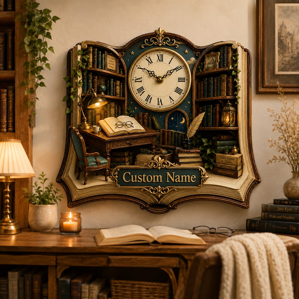 Personalized Open Book Wall Clock, Custom Name Gift for Book Lovers — personalized with a custom name